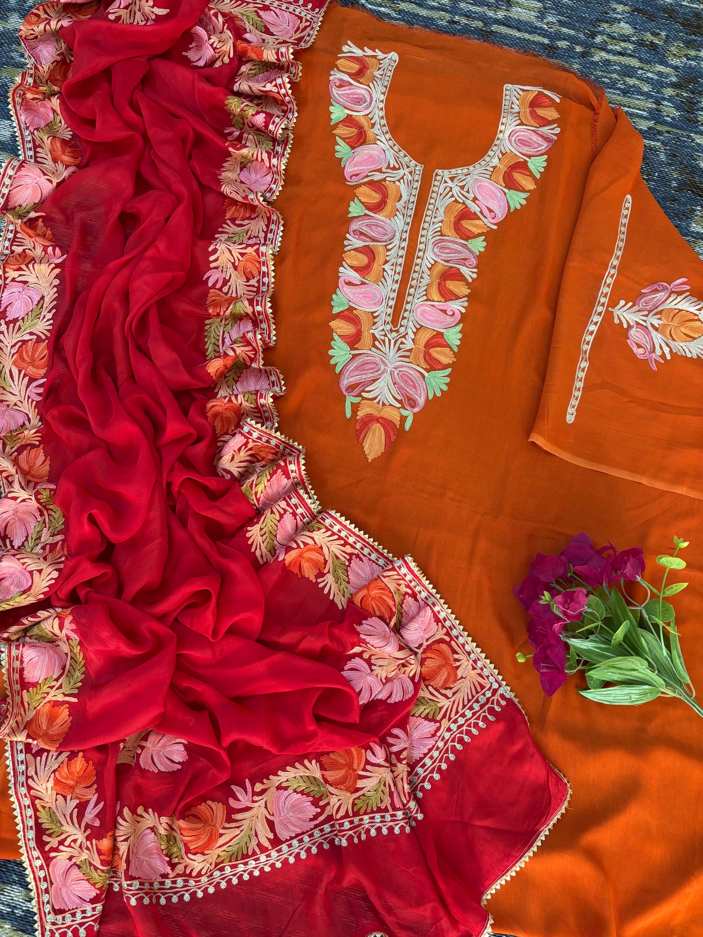 Soft Orange Pure Georgette Kashmiri Suit