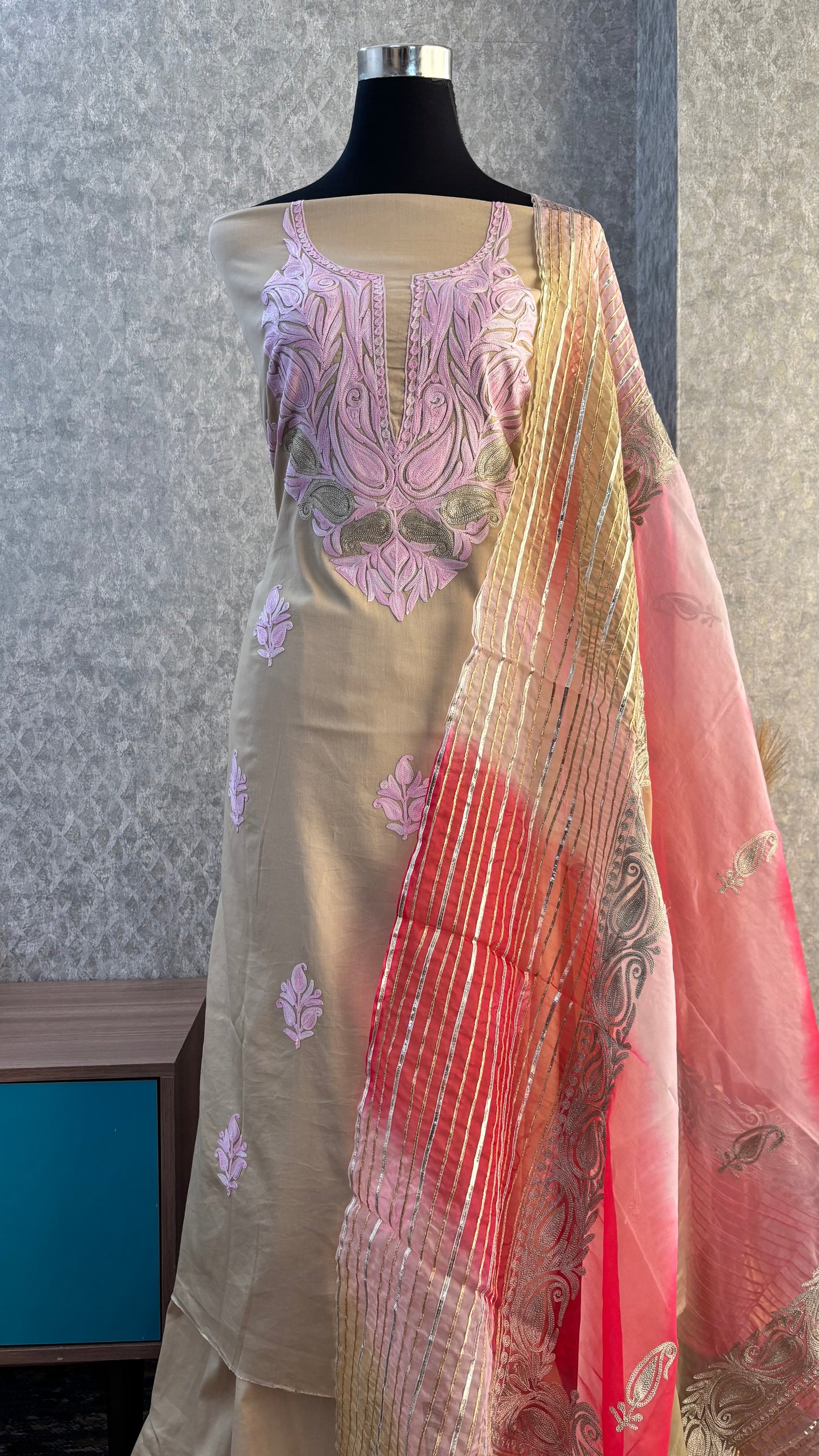 Beige Satin Cotton Kashmiri Suit