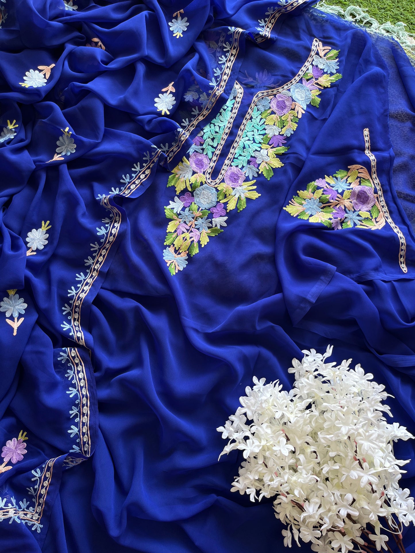 Georgette Royal Blue Aari Embroidered Suit set