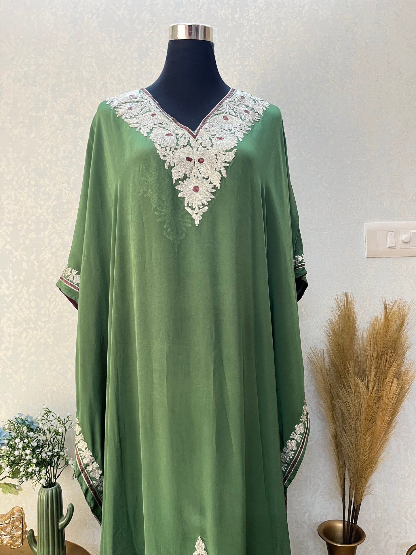 Green Crape Kashmiri Kaftan Set