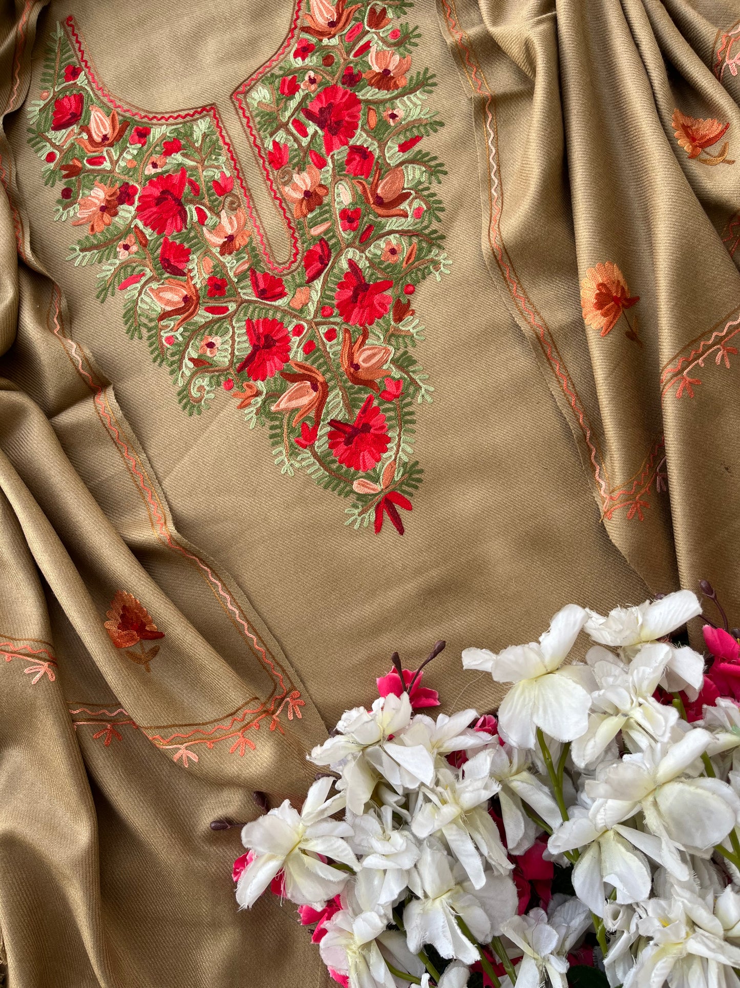 Beige Woollen Aari Embroidered 3pc suit