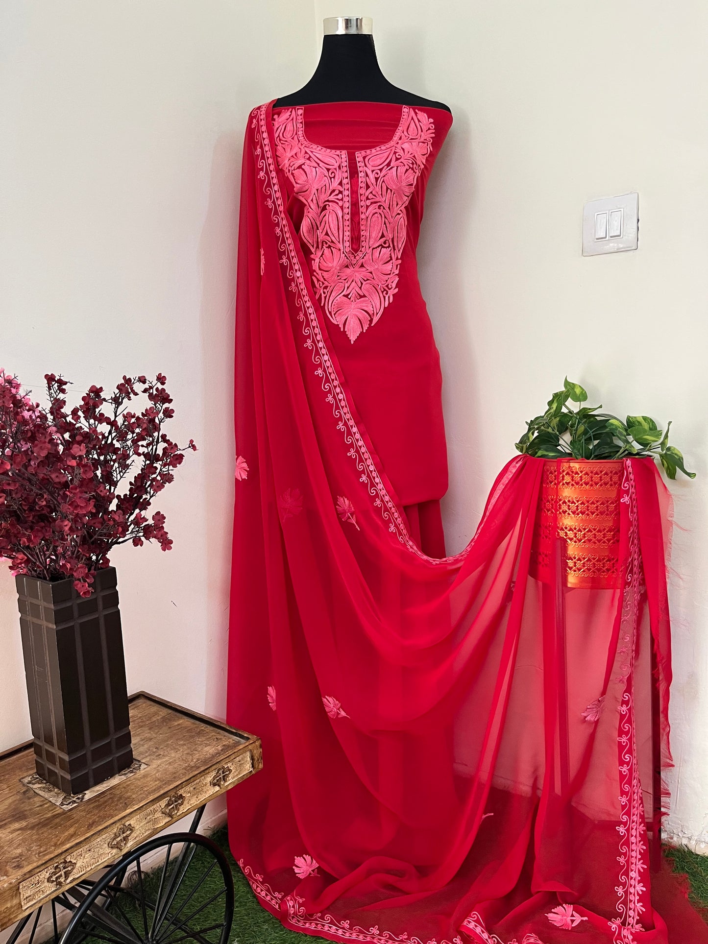 Red Georgette  3 Pc Aari Embroidered Suit Set