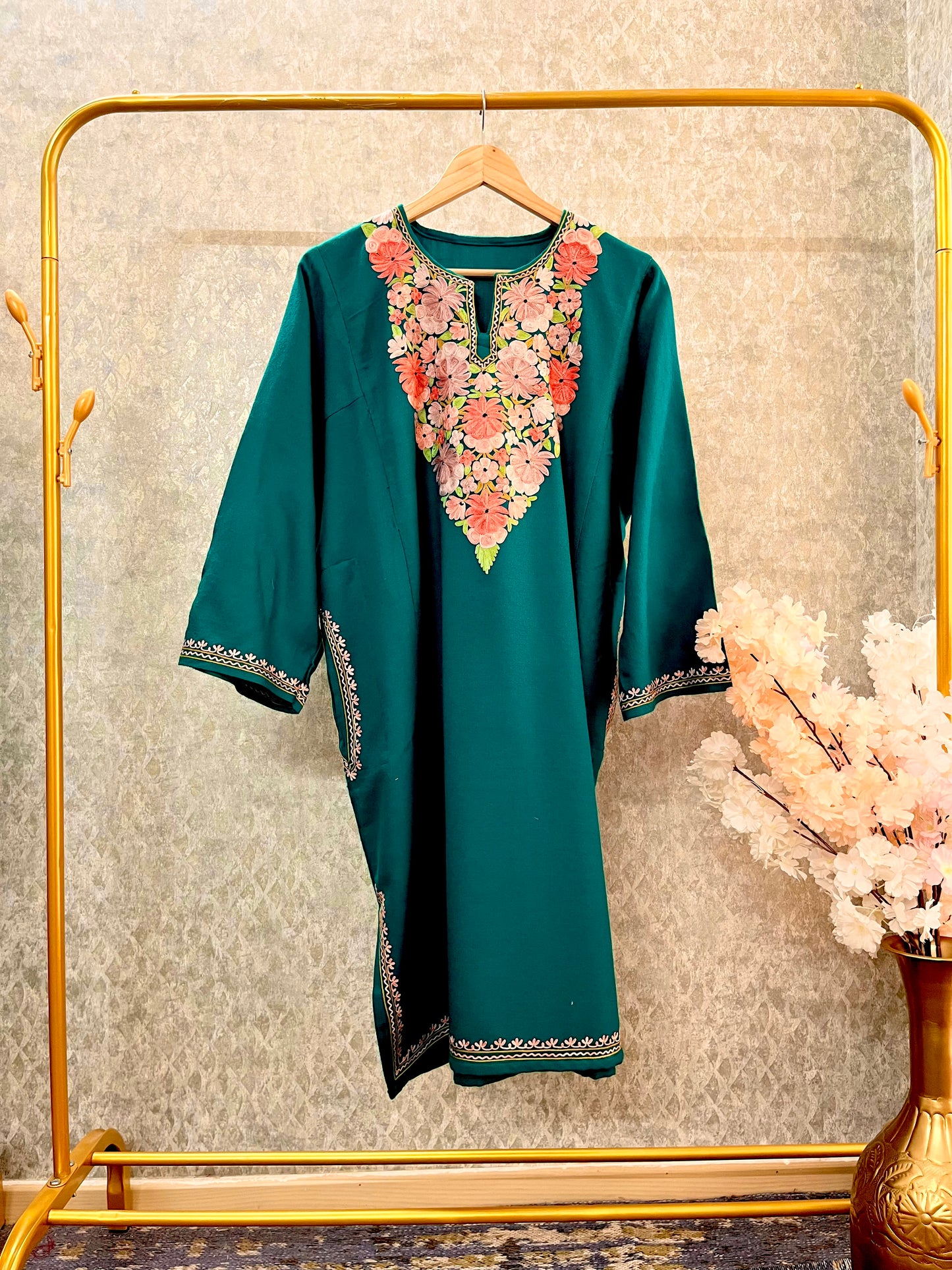 Green Aari Embroidered Wool Pheran