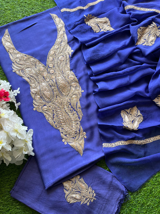 ‘Kalaa’ Blue Muslin Silk Tilla Embroidered Suit material