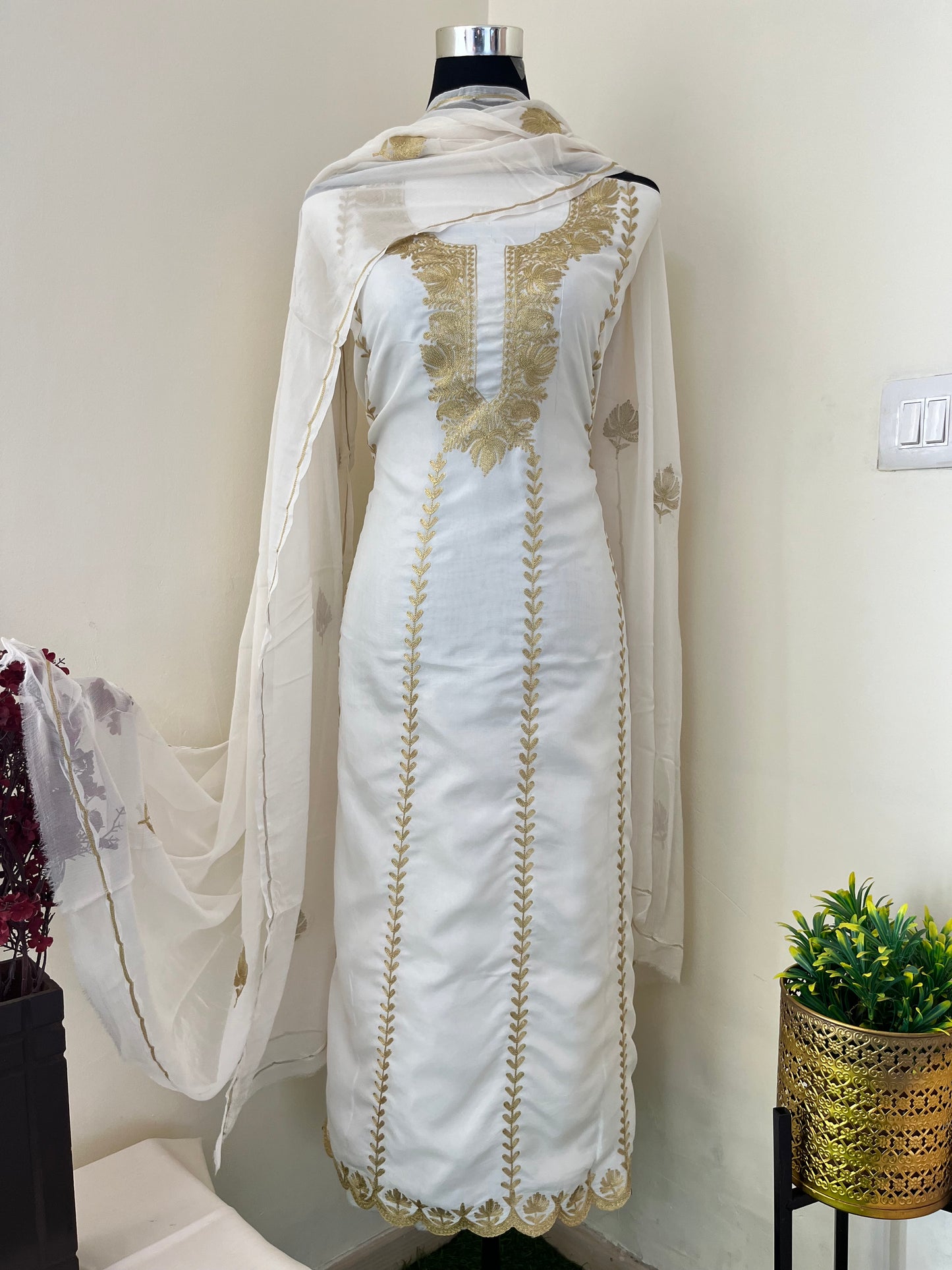 Sanam’ Ivory White Silk Tilla Embroidered Suit material