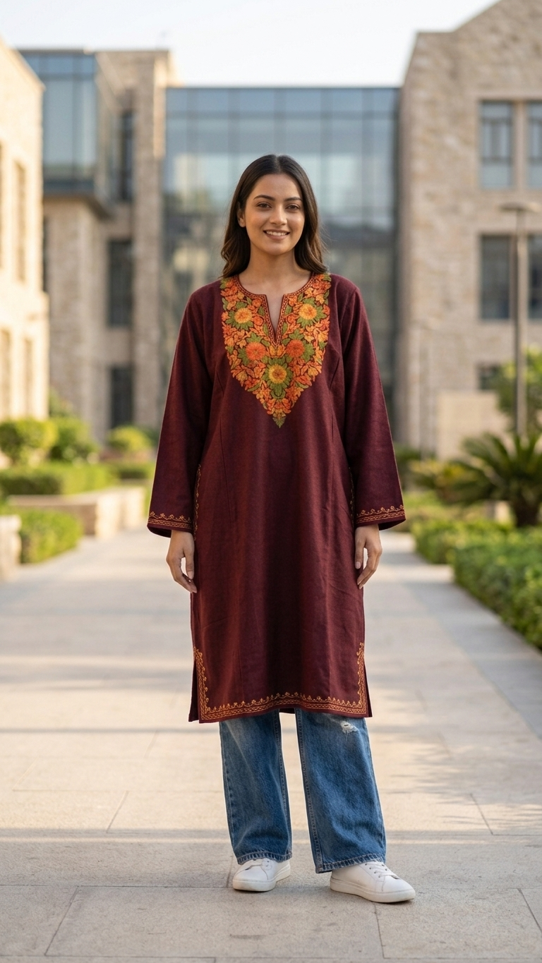 Reddish Brown Aari Embroidered Wool Pheran
