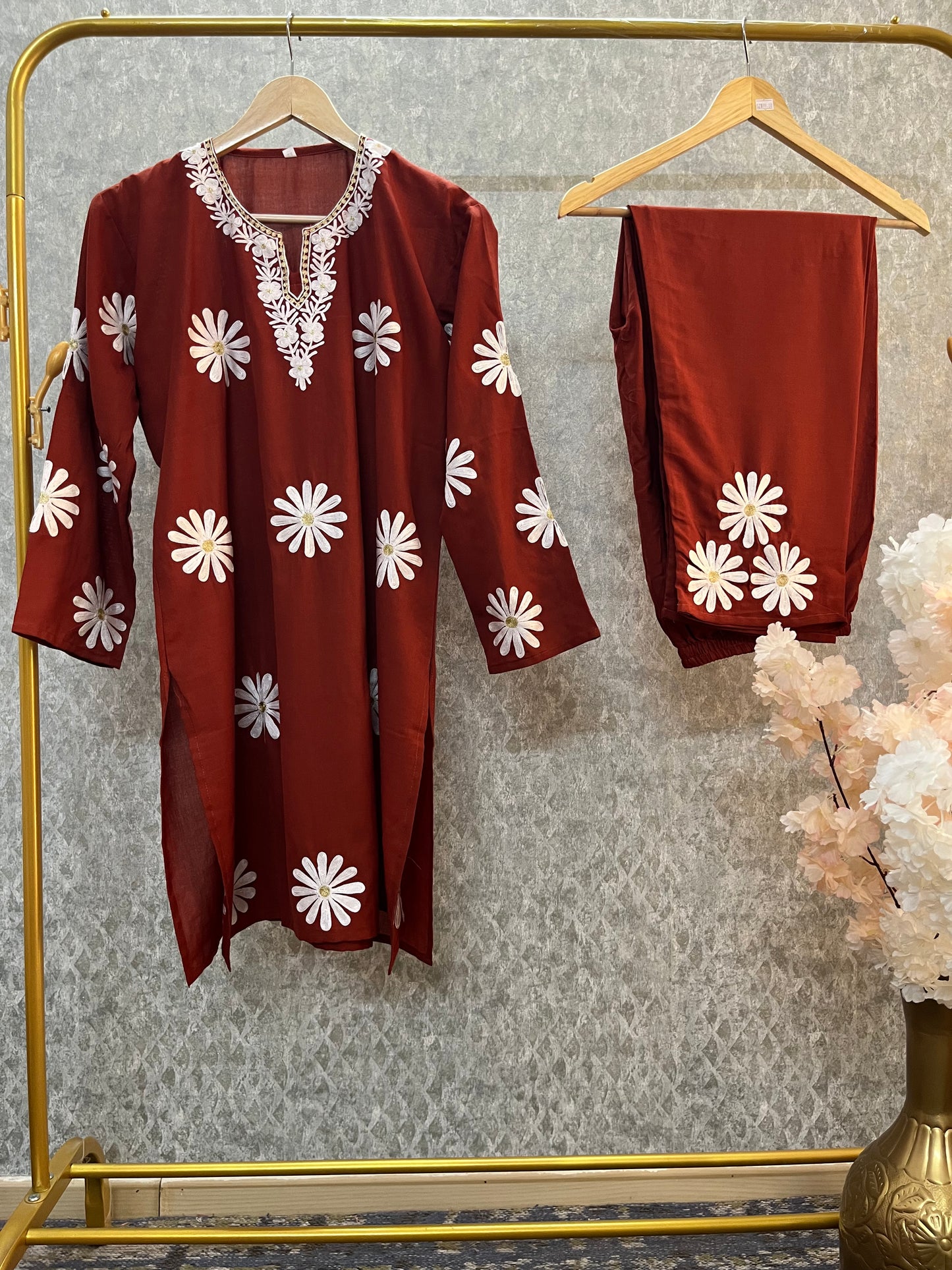 Rust Cotton Embroidered Co-ord Set(42)
