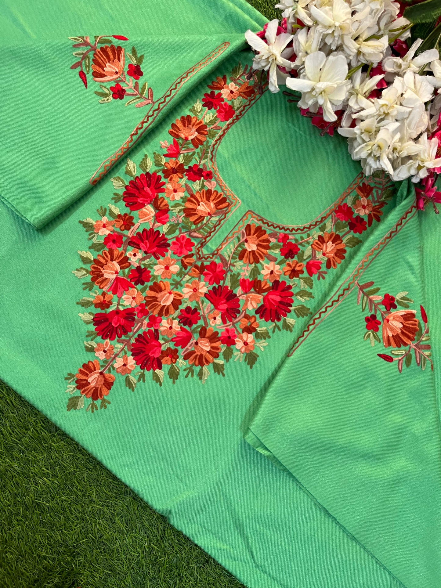 Soft Green Woollen Aari Embroidered 2pc suit 5mtr