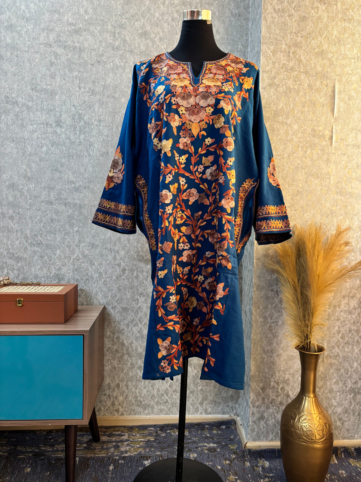 Peacock Blue Aari Embroidered Wool Pheran