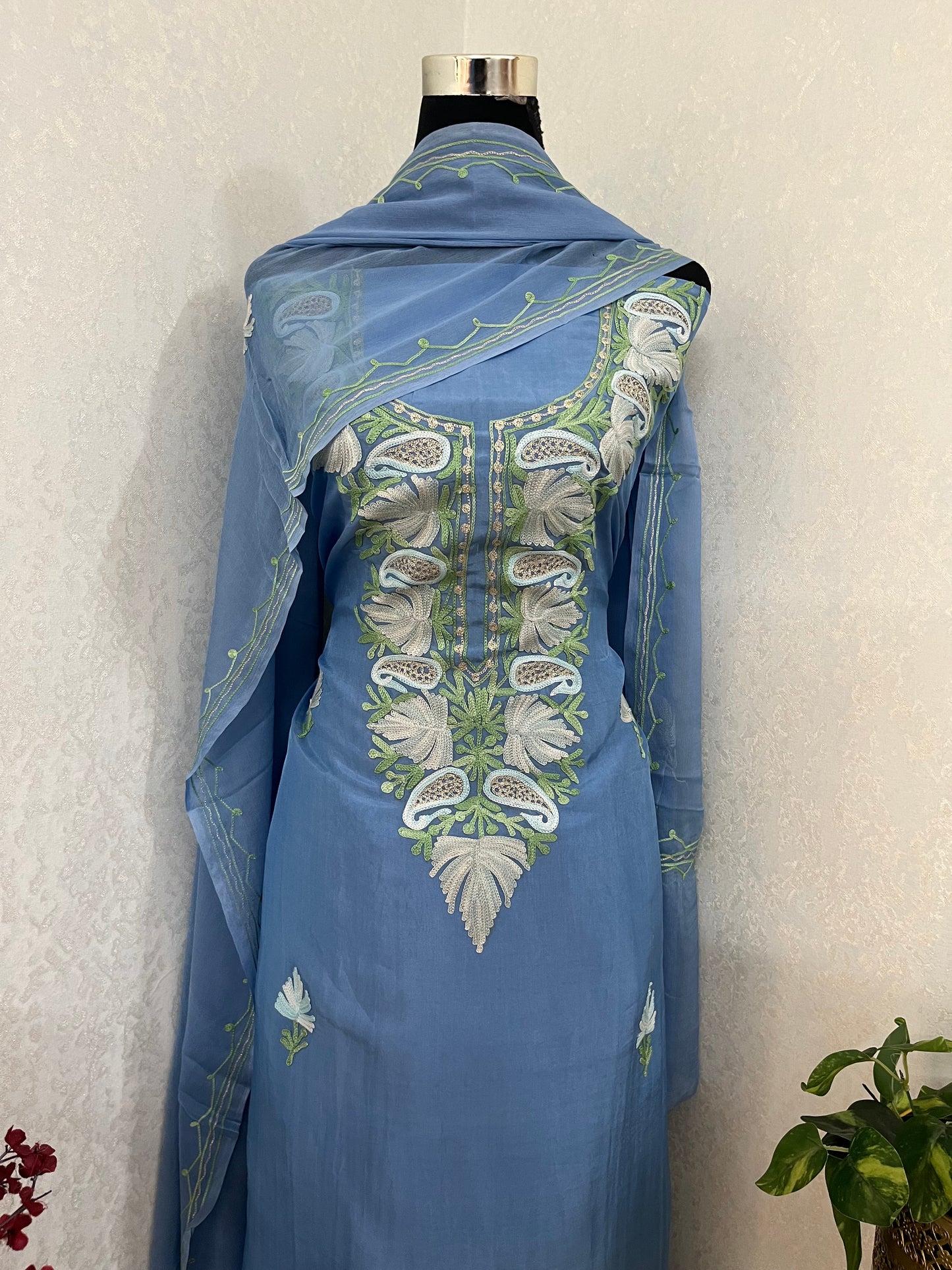 Soft Blue Opada Silk Kashmiri Suits