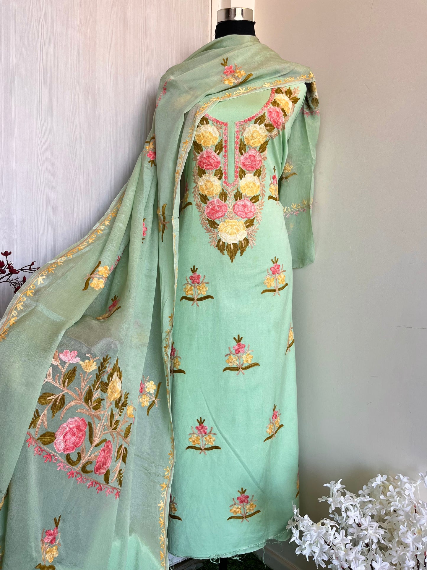Mint Green Linen Cotton suit material with Pure Chinon Dupatta