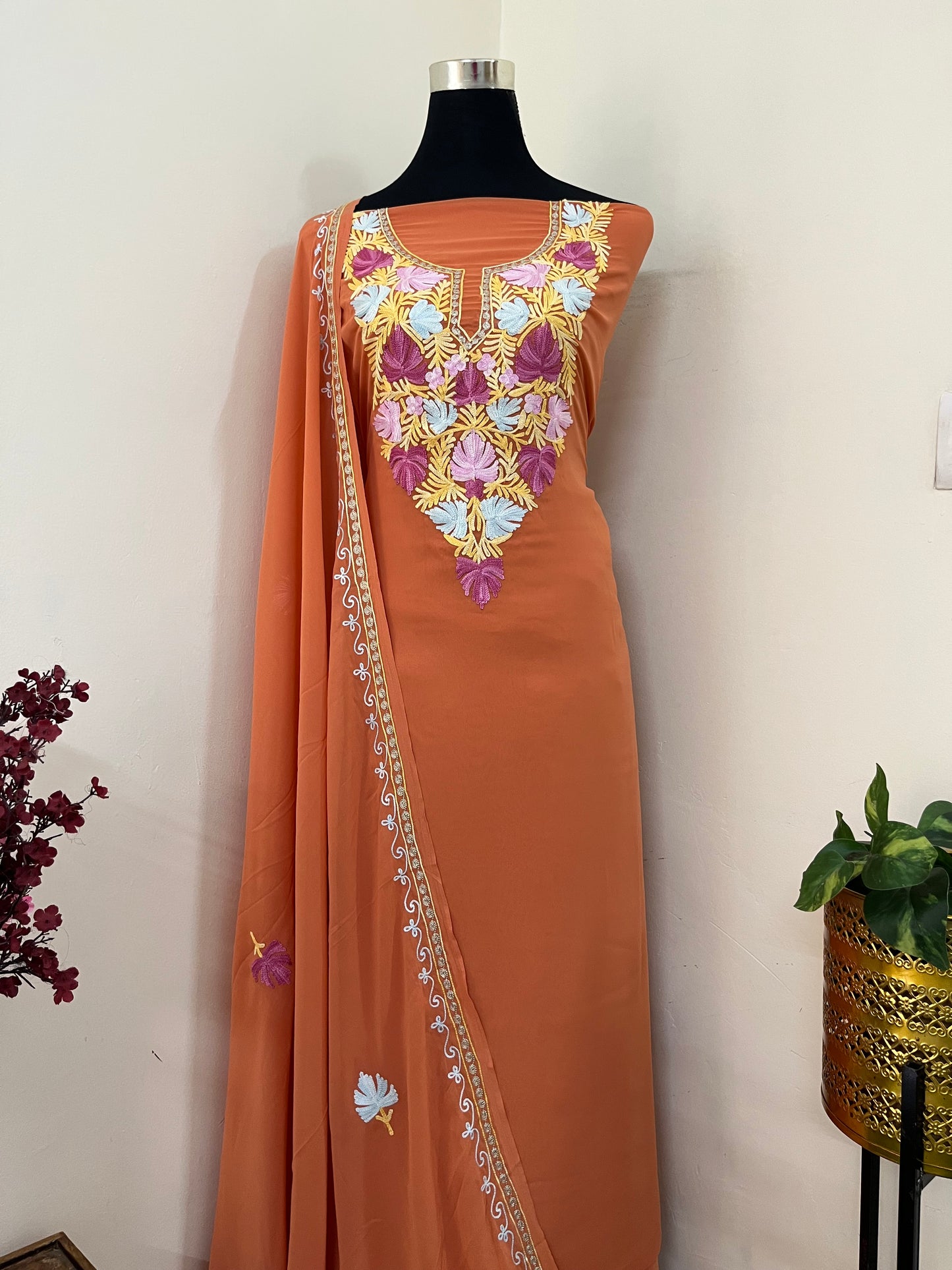 Soft Orange Georgette 3 Pc Aari Embroidered Suit Set