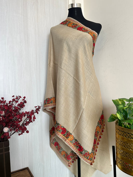 Beige Silk Thread Border Embroidered Fine Semi Pashmina stole