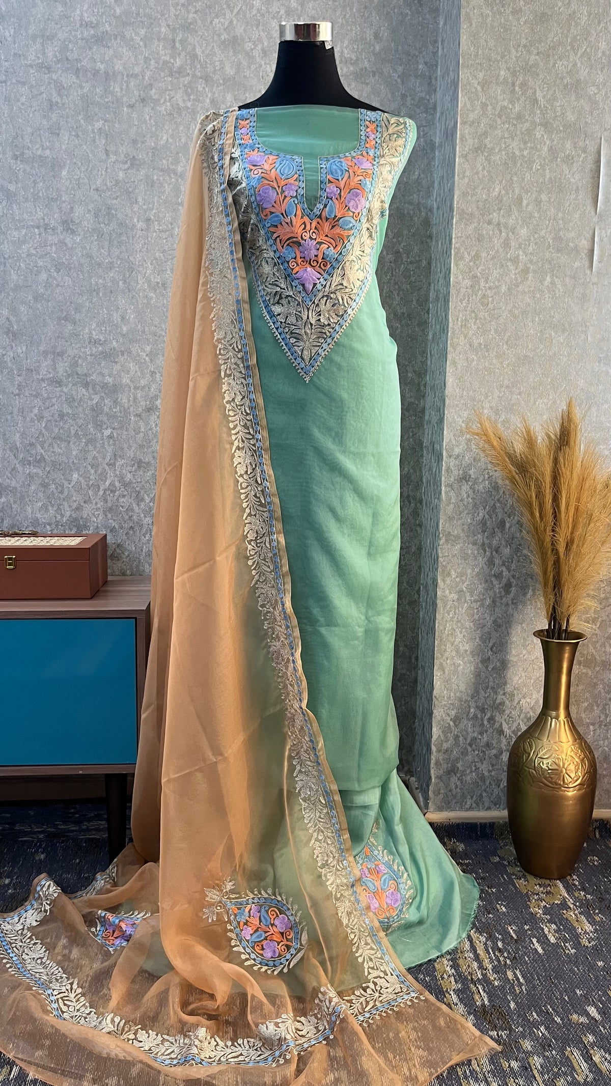 Soft Green Tissue Kashmiri Suit