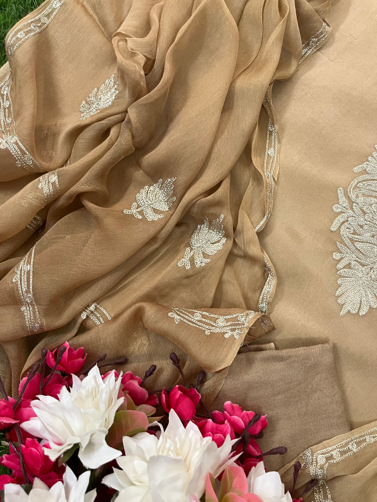 Sanam’ Golden Beige Silk Tilla Kashmiri Suit