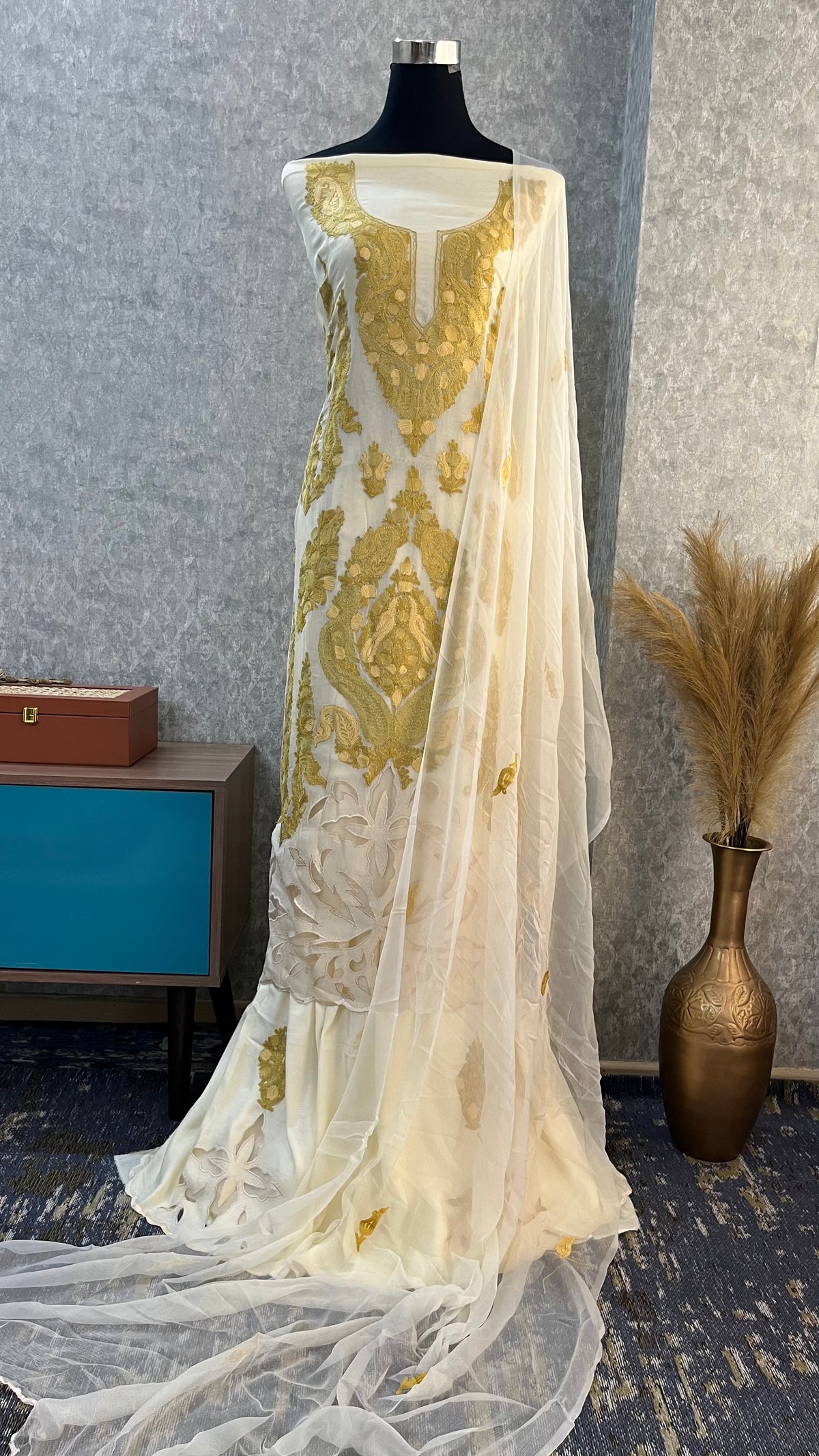 Ivory Pure Organza Cut Work Kashmiri Suit