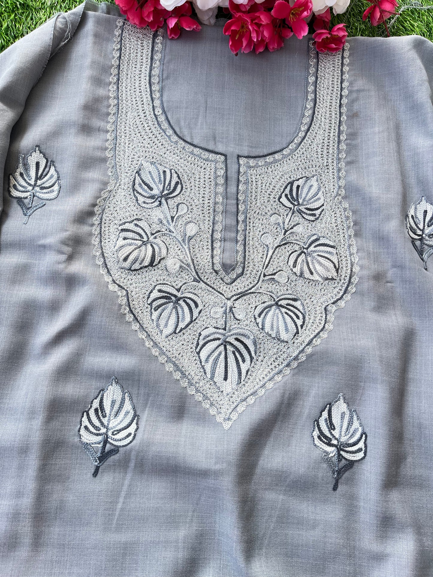 Grey Cotton Unstitched Aari Work Kurti