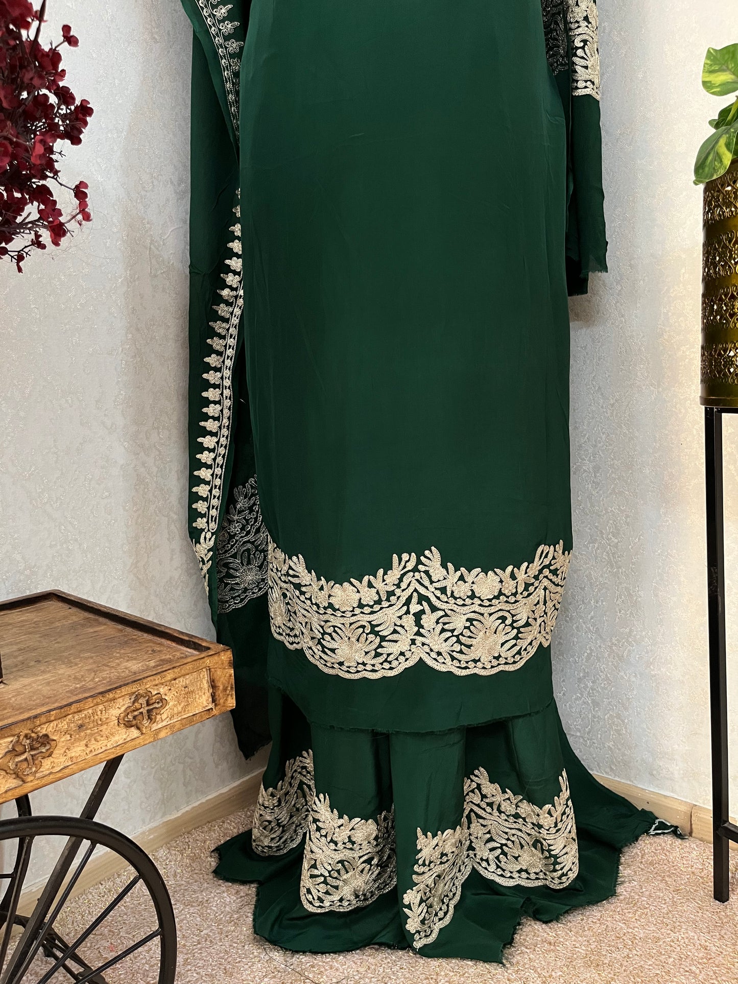 Bottle Green Crape Kashmiri Suit