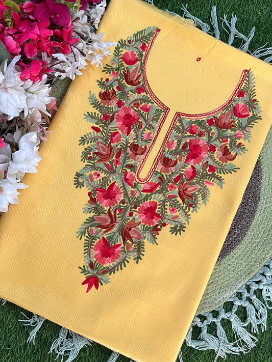 Yellow Woollen Aari Embroidered 2pc suit 5mtr