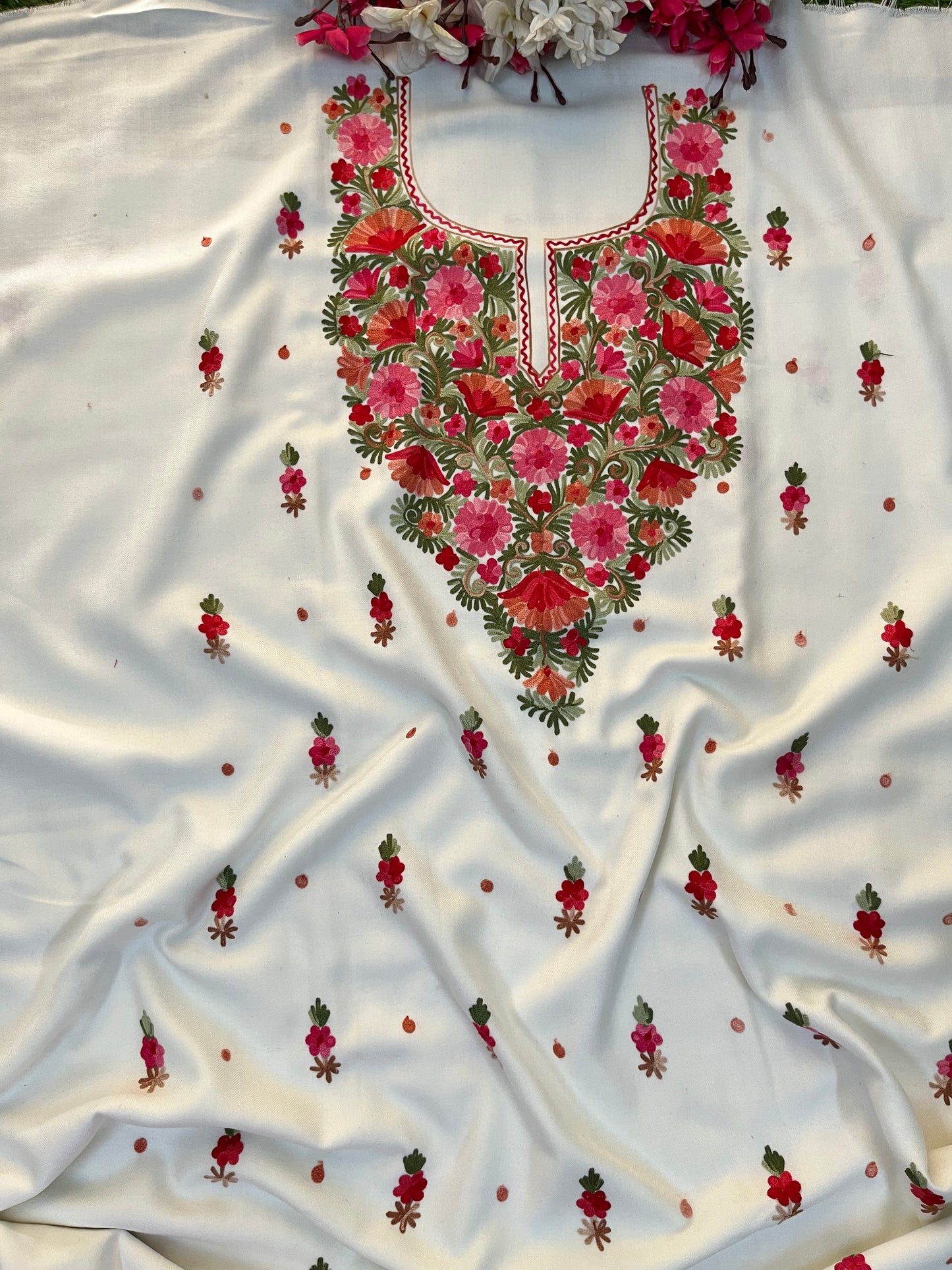 Off White Woollen Aari Embroidered 3pc suit