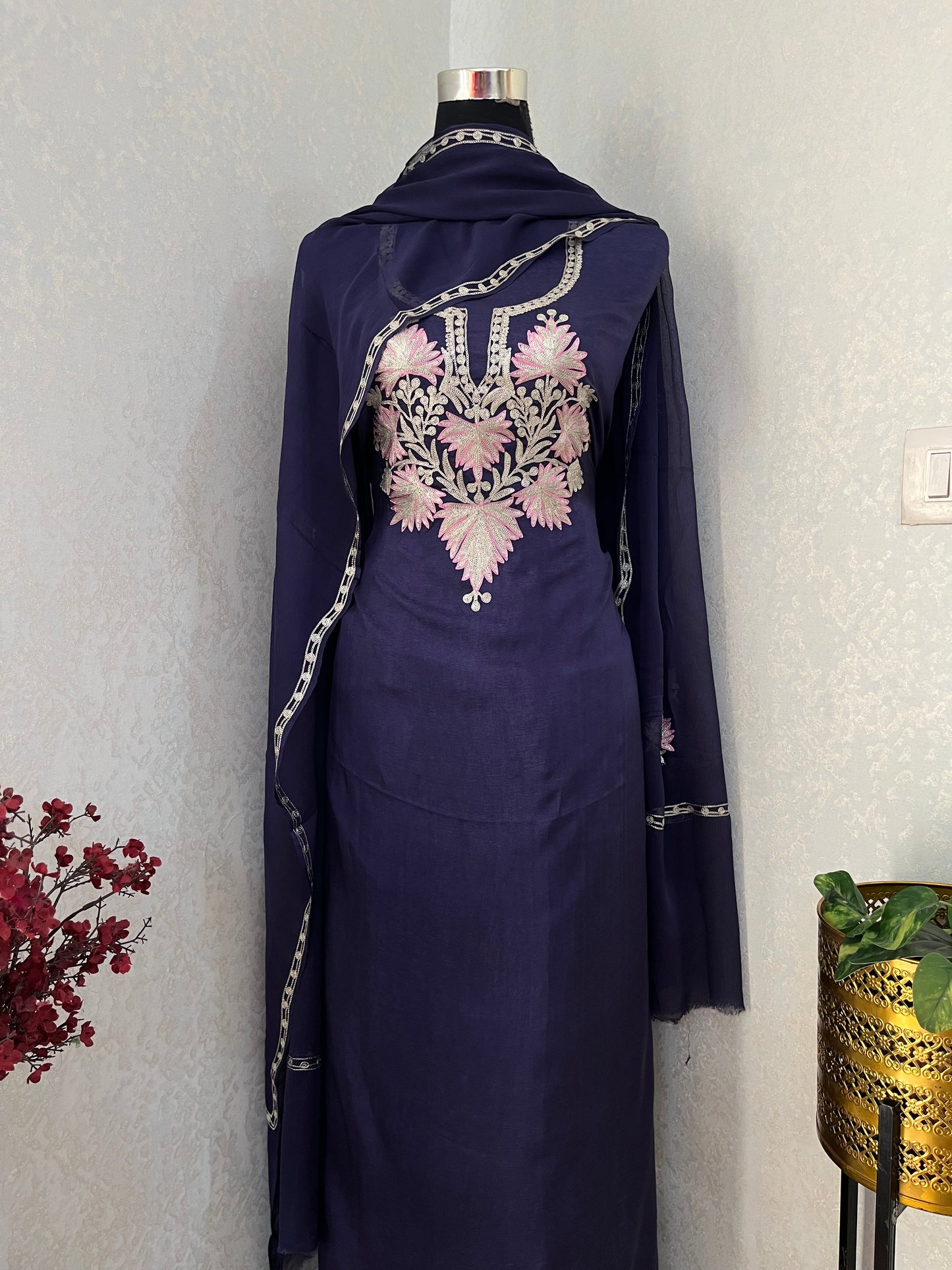 Navy Blue Silk Tilla Kashmiri Suit