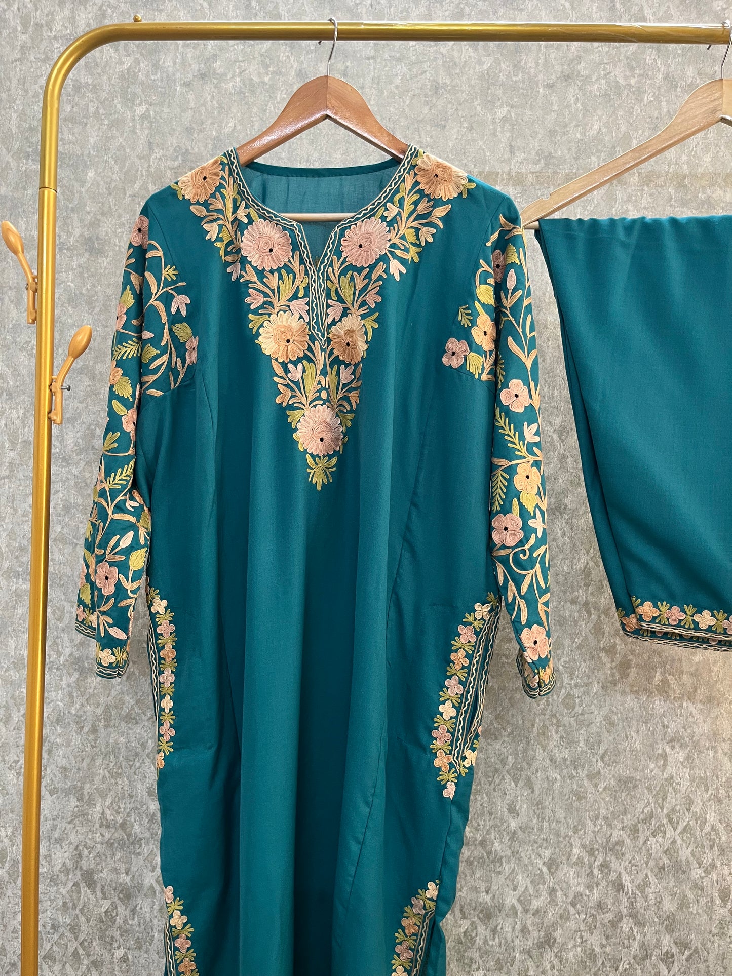 Deep Green Cotton Arm Jaal Pheran Set