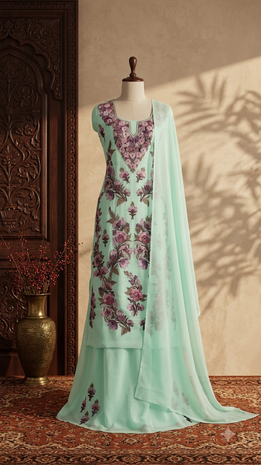 Green Georgette 3 Pc Kashmiri Suit