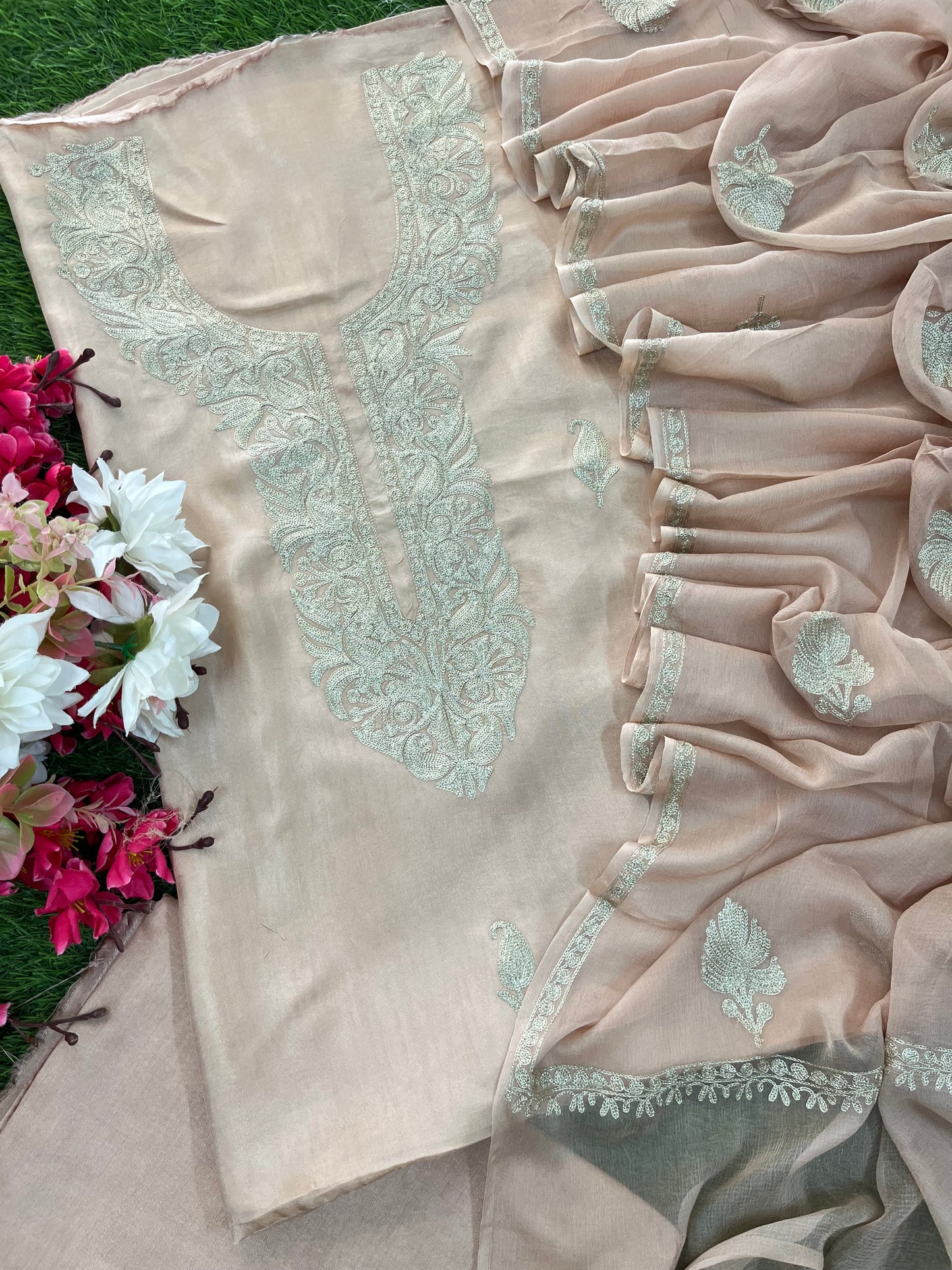 Peach Pink Sanam’ Silk Tilla Kashmiri Suit