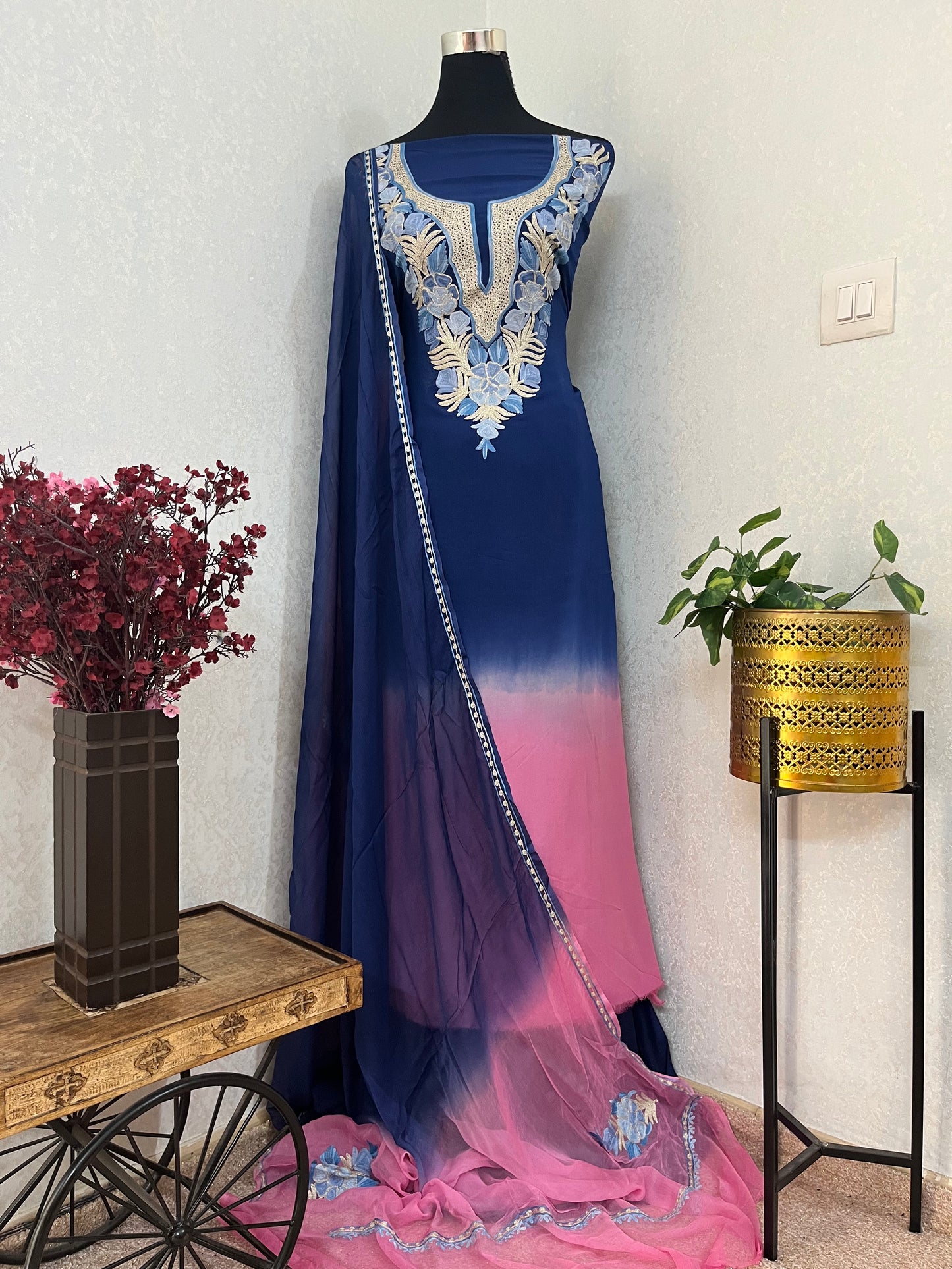 Blue Pure Georgette Double Shade Kashmiri Suit