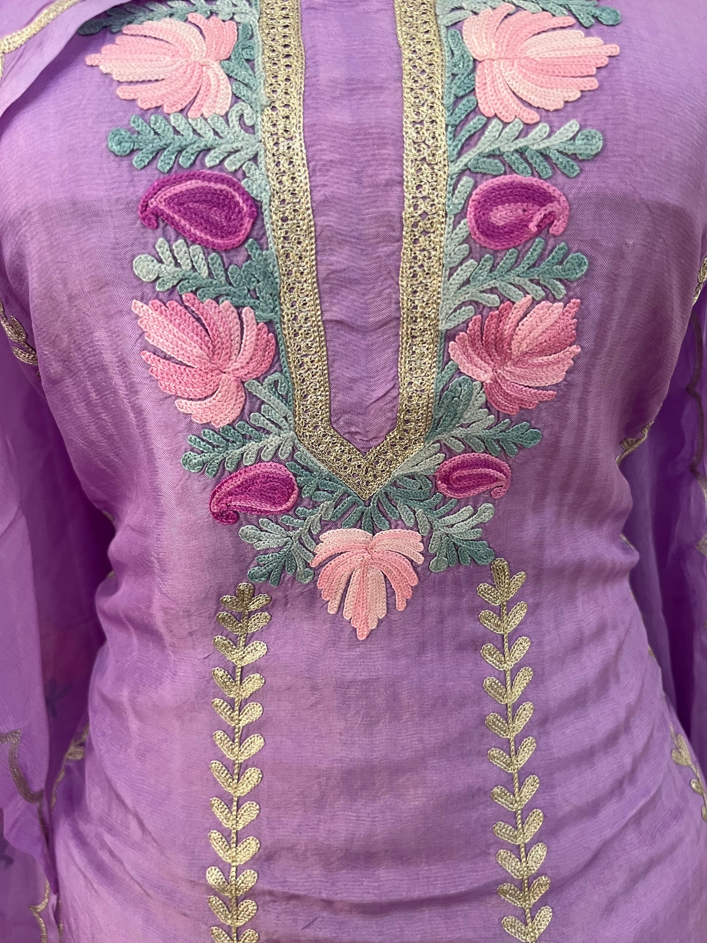 Lavender Sanam’ Silk Aari Embroidered Suit material