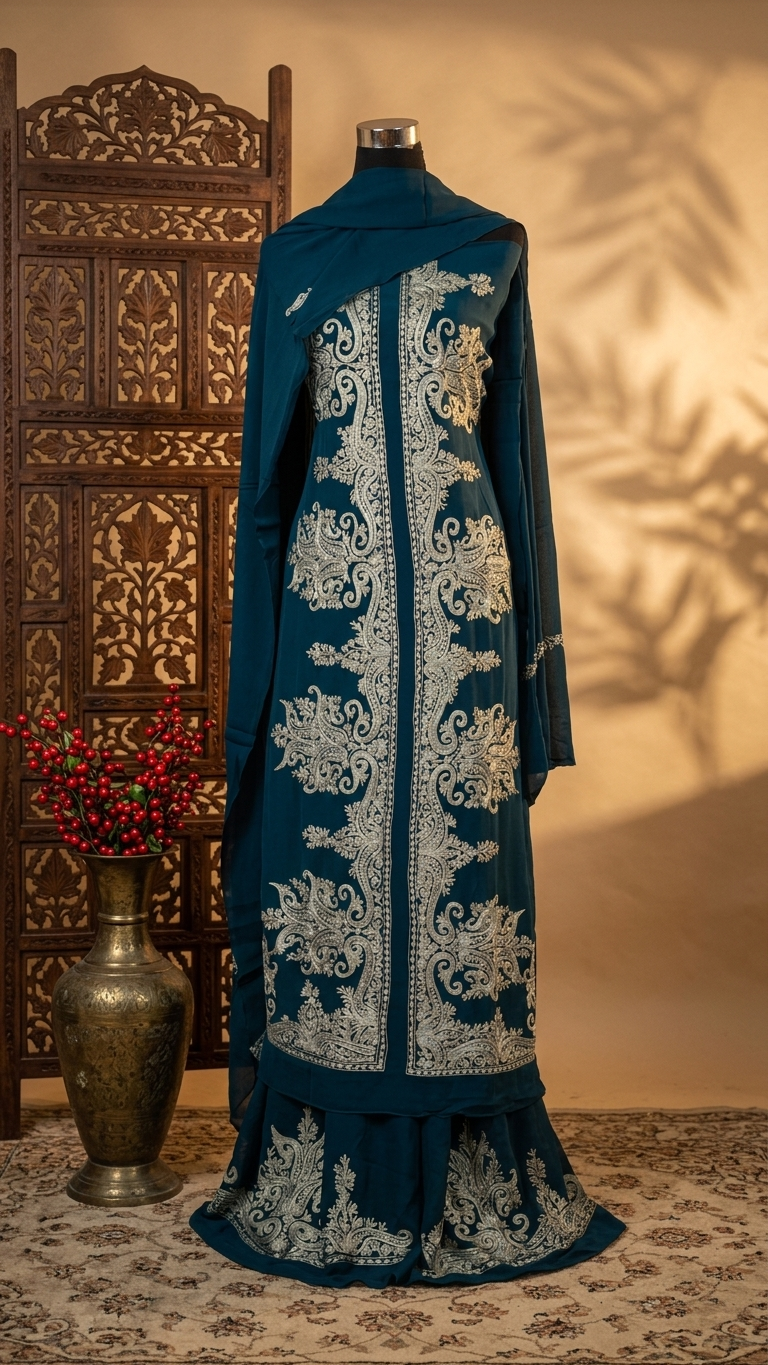 Blue Kalaa’ Crape Jacket Style Kashmiri Suit