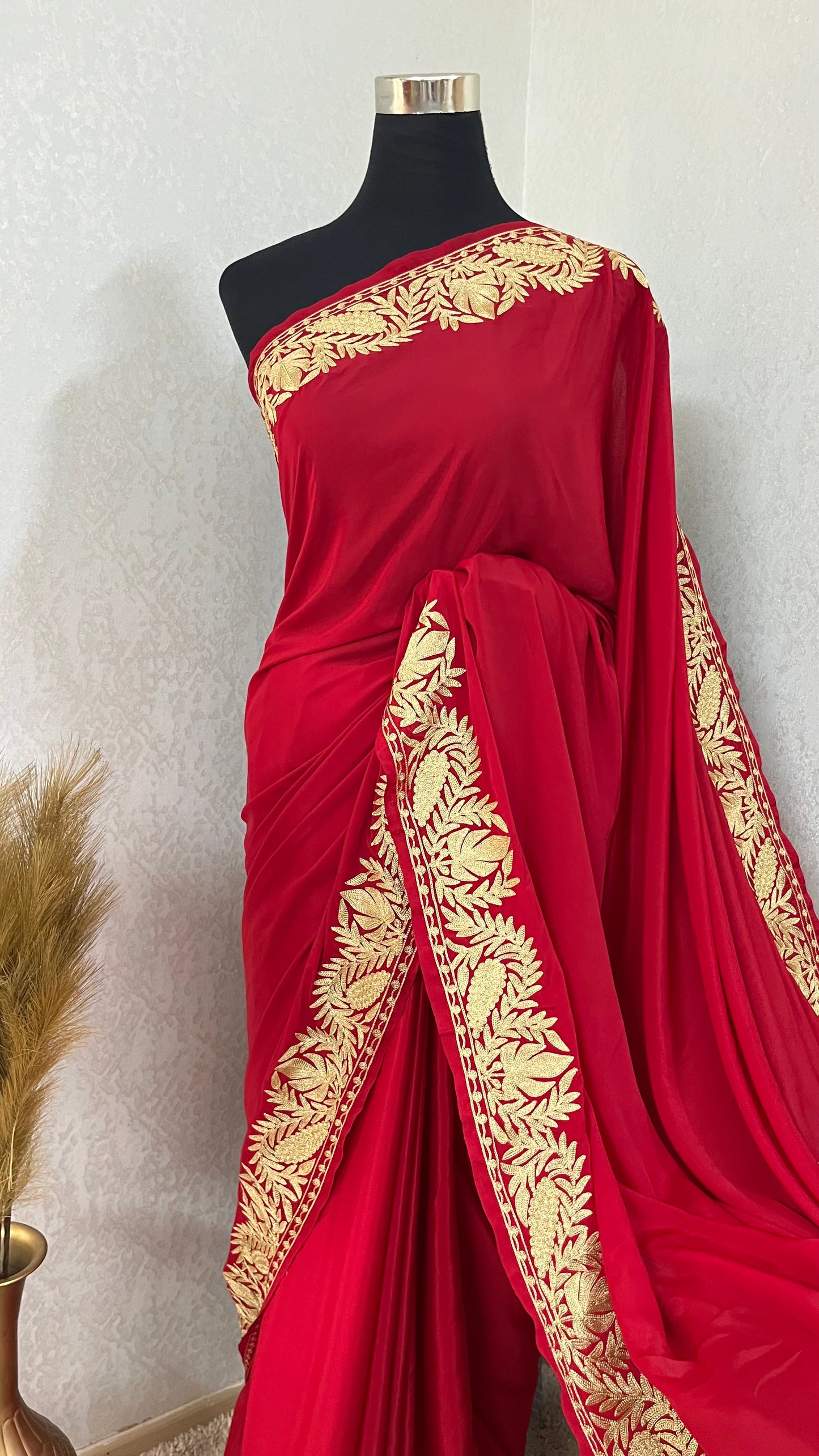Red Crape Kashmiri Tilla Saree