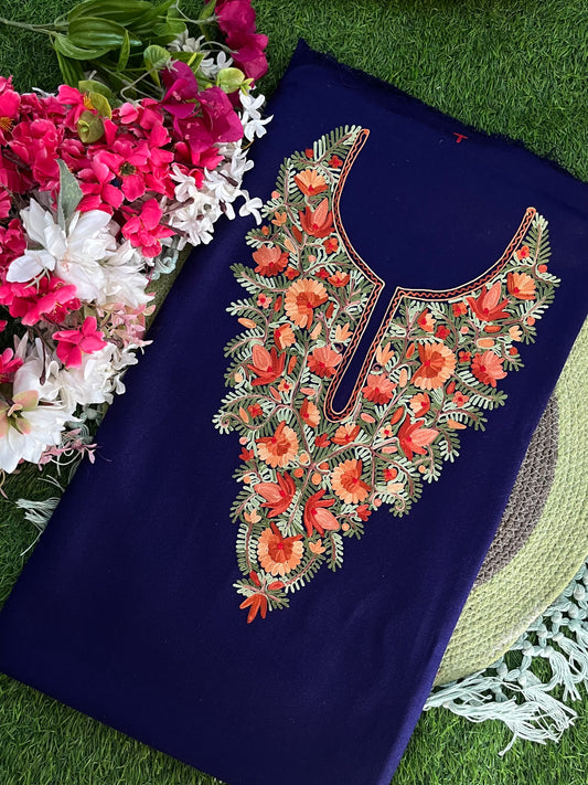 Navy Blue Woollen Aari Embroidered 2pc suit 5mtr