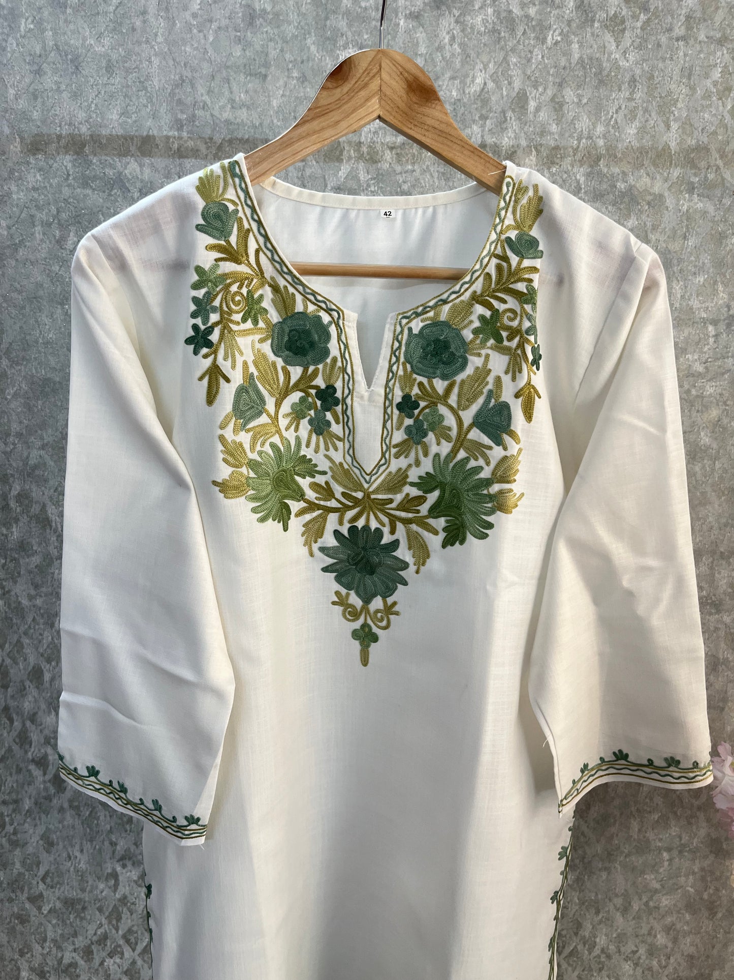 Off White Cotton Aari Work Kurti