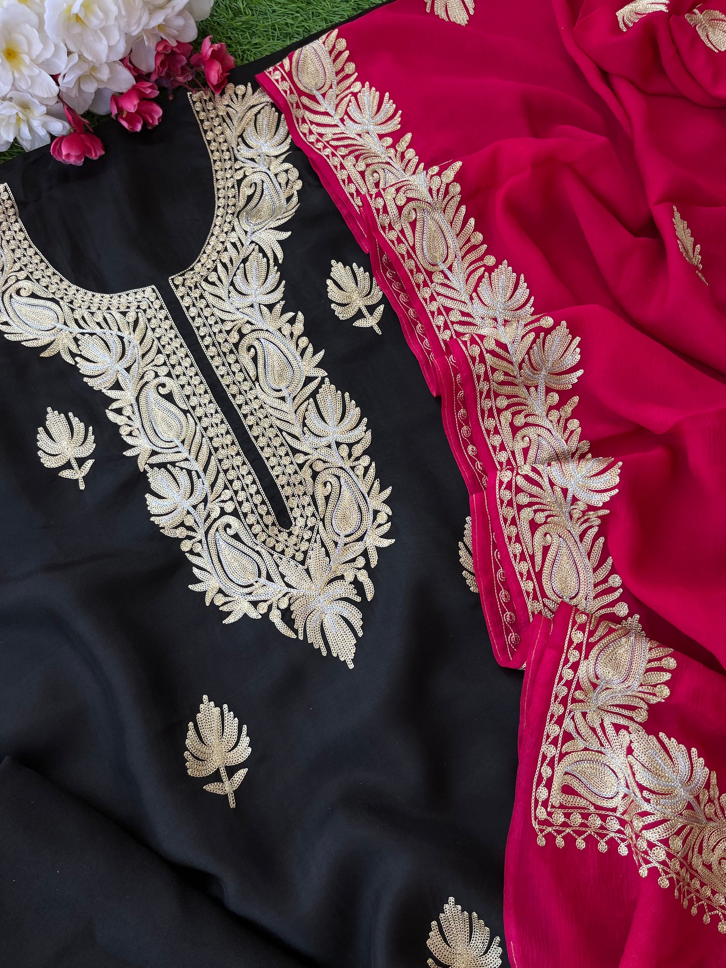 ‘Kalaa’ Black Opada Silk Tilla Embroidered Suit material (On Order )