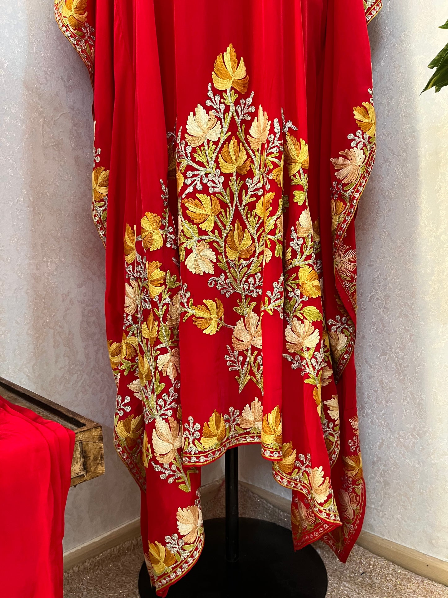 Red Pure Crape Kashmiri Kaftan