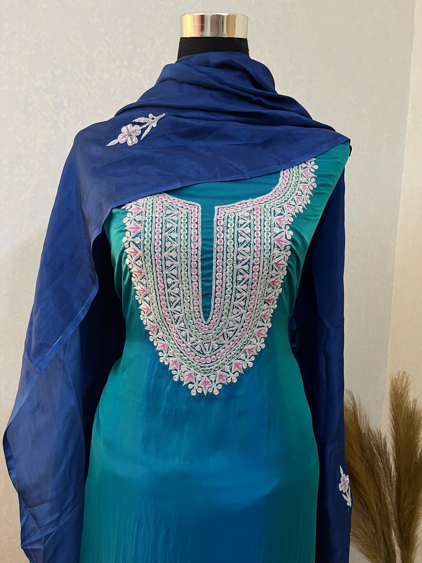 Firozi Silk Puff Tilla Embroidered Suit