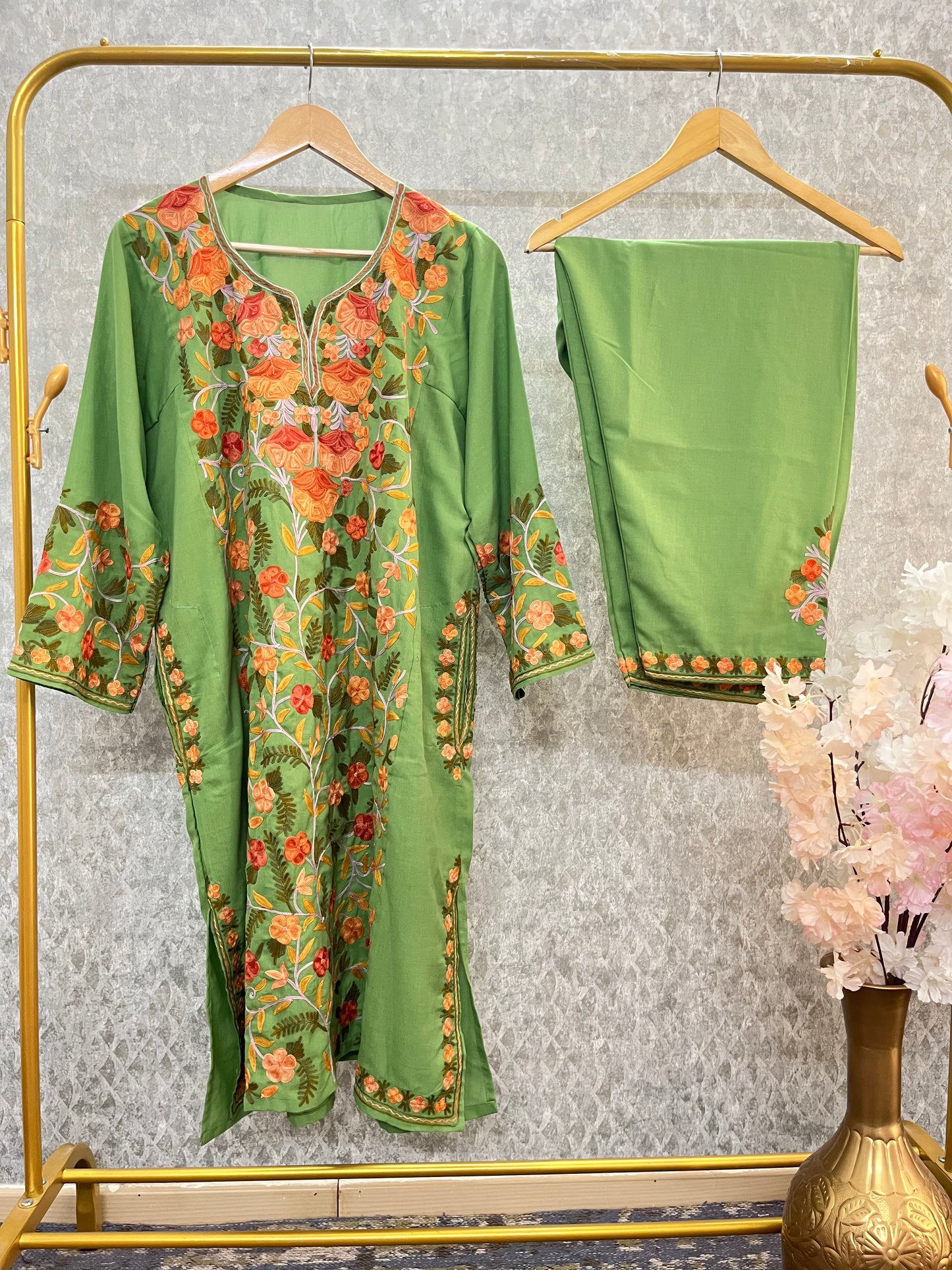 Green Yellow Cotton Front Jaal Pheran Set Size (44)