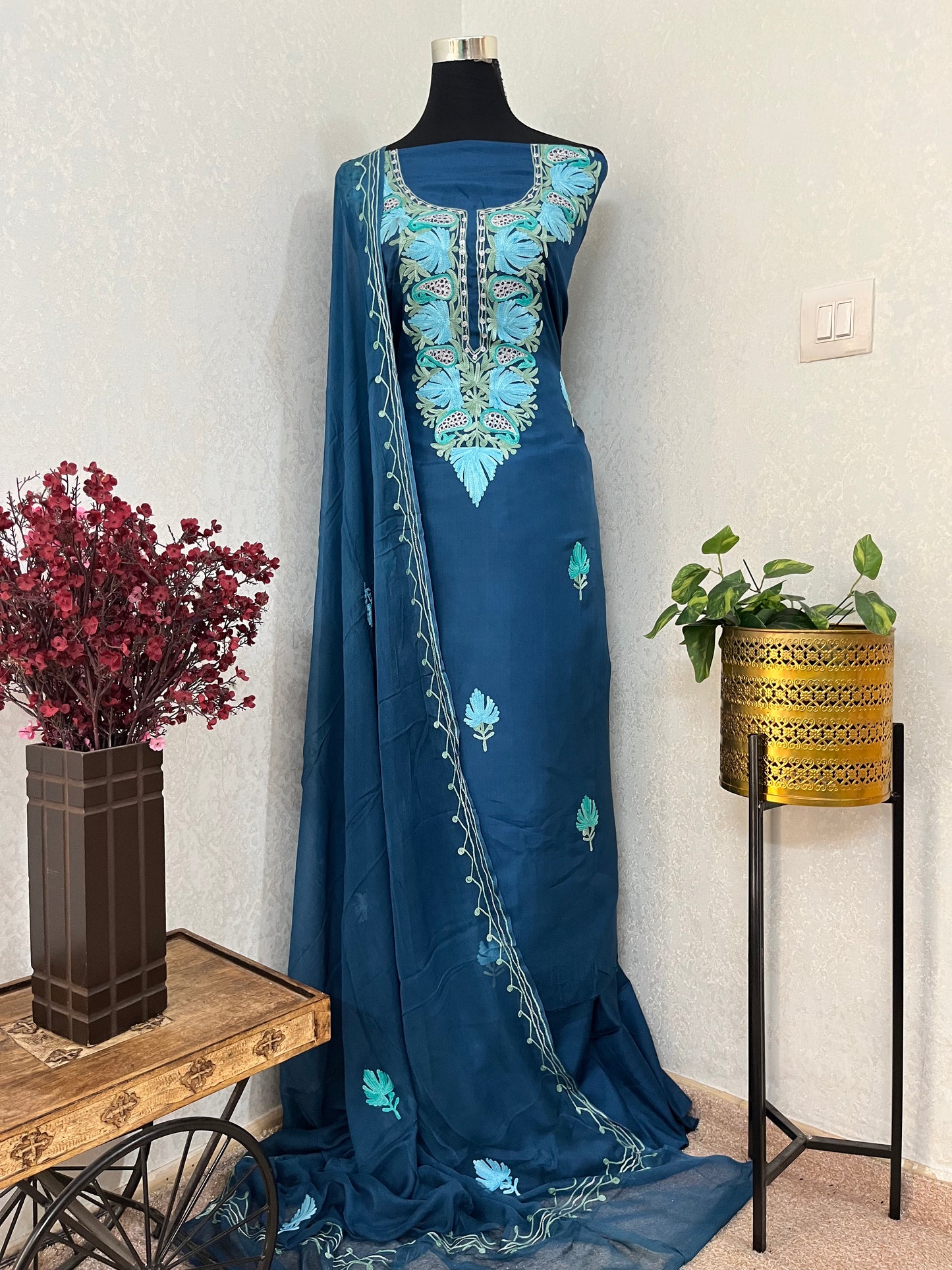 Electric Blue Opada Silk Kashmiri Suits