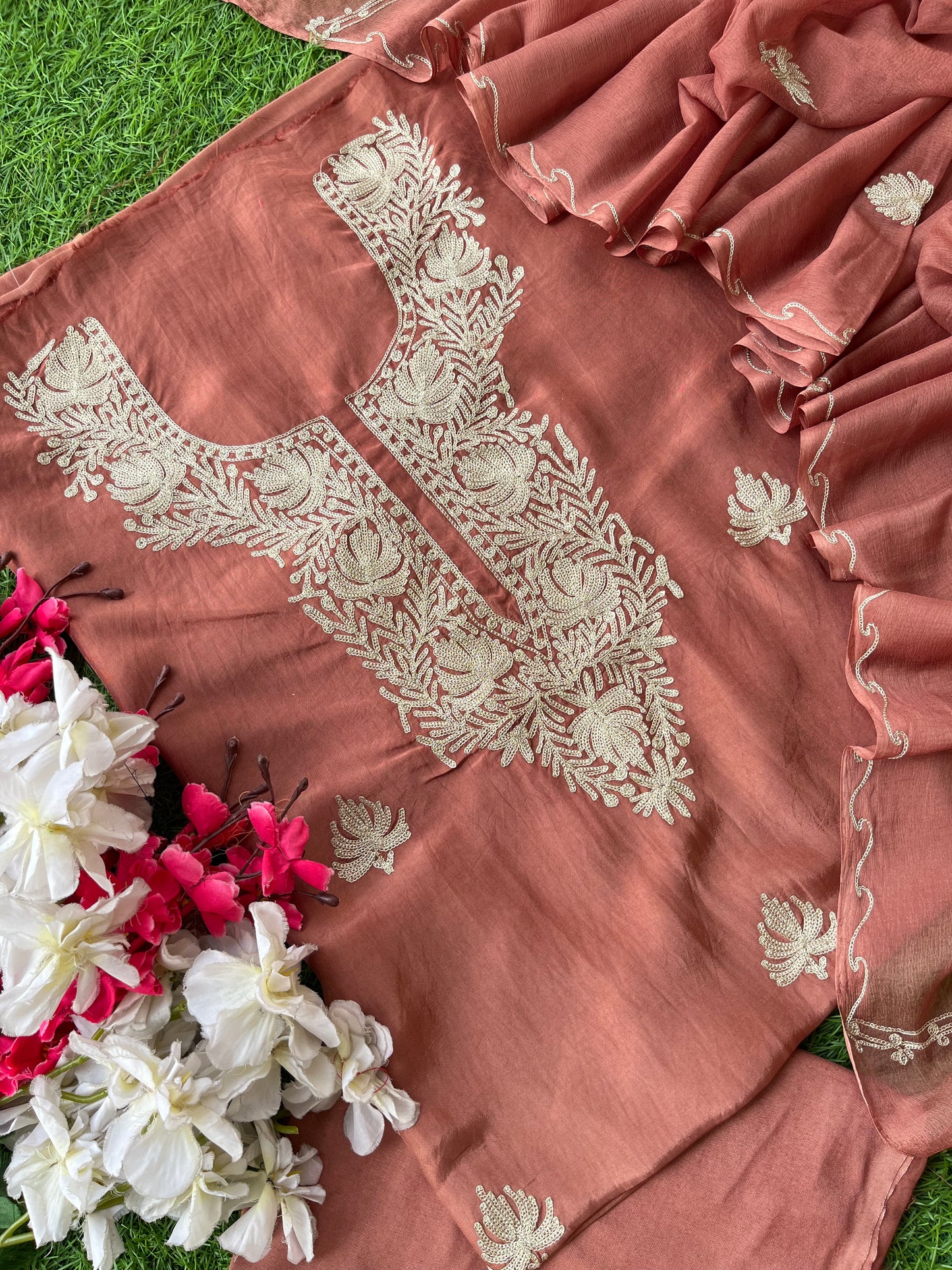 Dull Peach Silk Tilla Kashmiri Suit