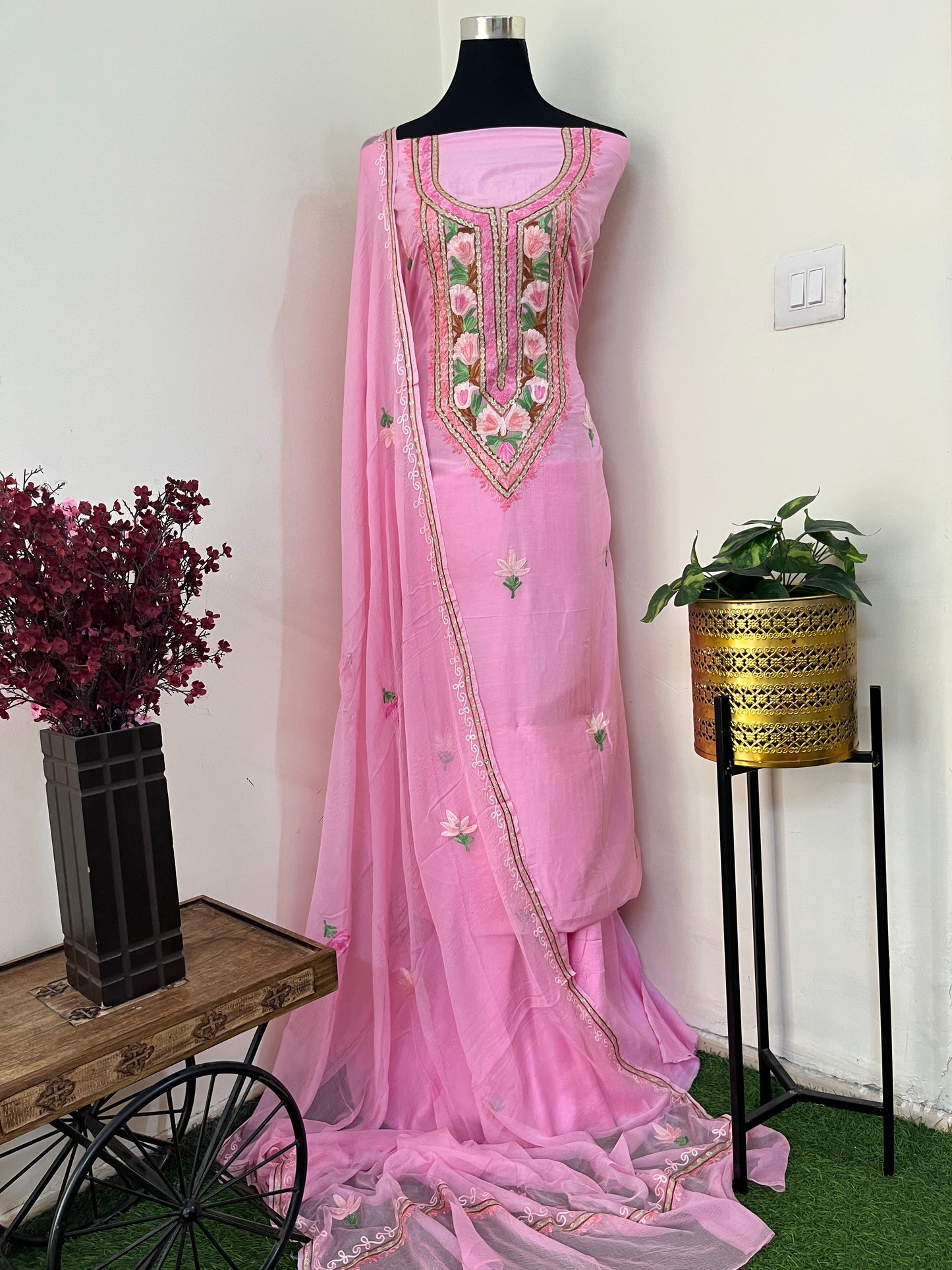 Soft Pink Muslin Cotton Aari Embroidered 3pc set