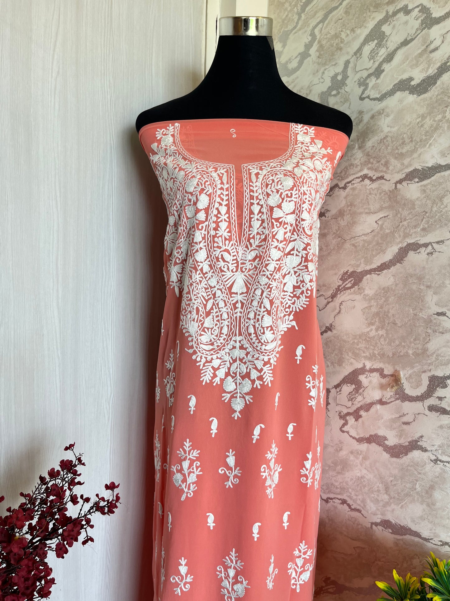 Georgette Peach All over Work Aari Embroidered Unstitched Kurta Material