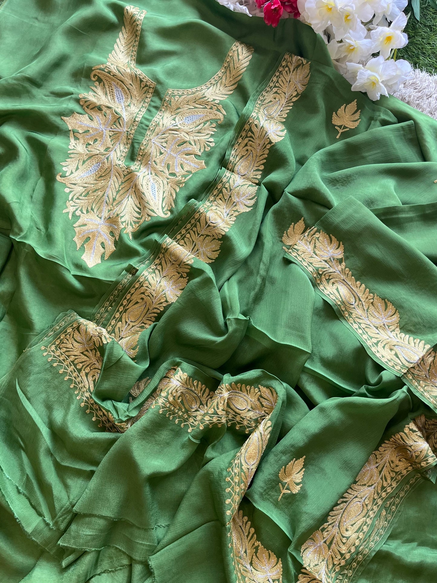 ‘Kalaa’ Lawn Green Opada Silk Tilla Embroidered Suit material (on Order)