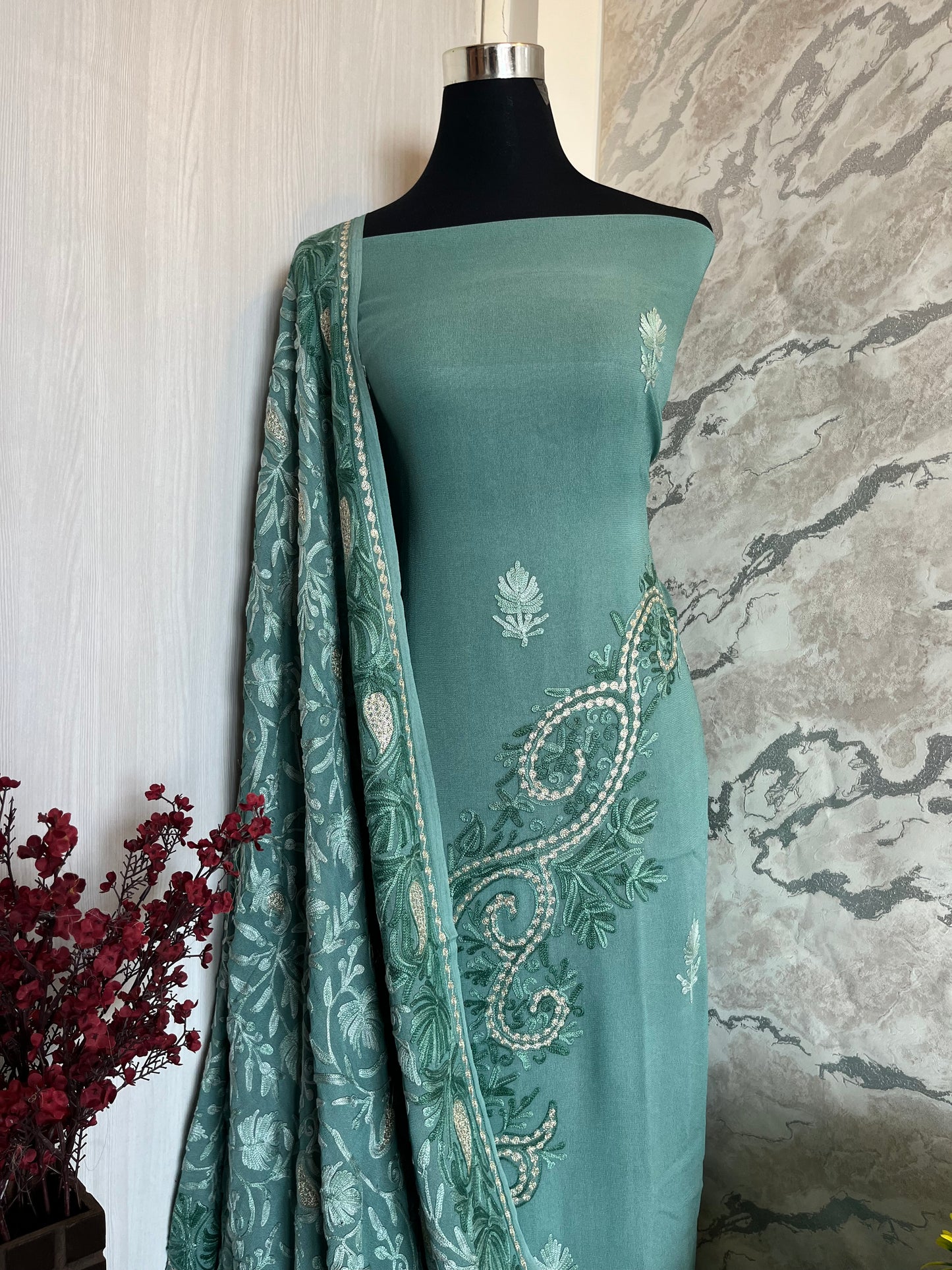 Pastel Green Pure Georgette Aari Embroidered Suit