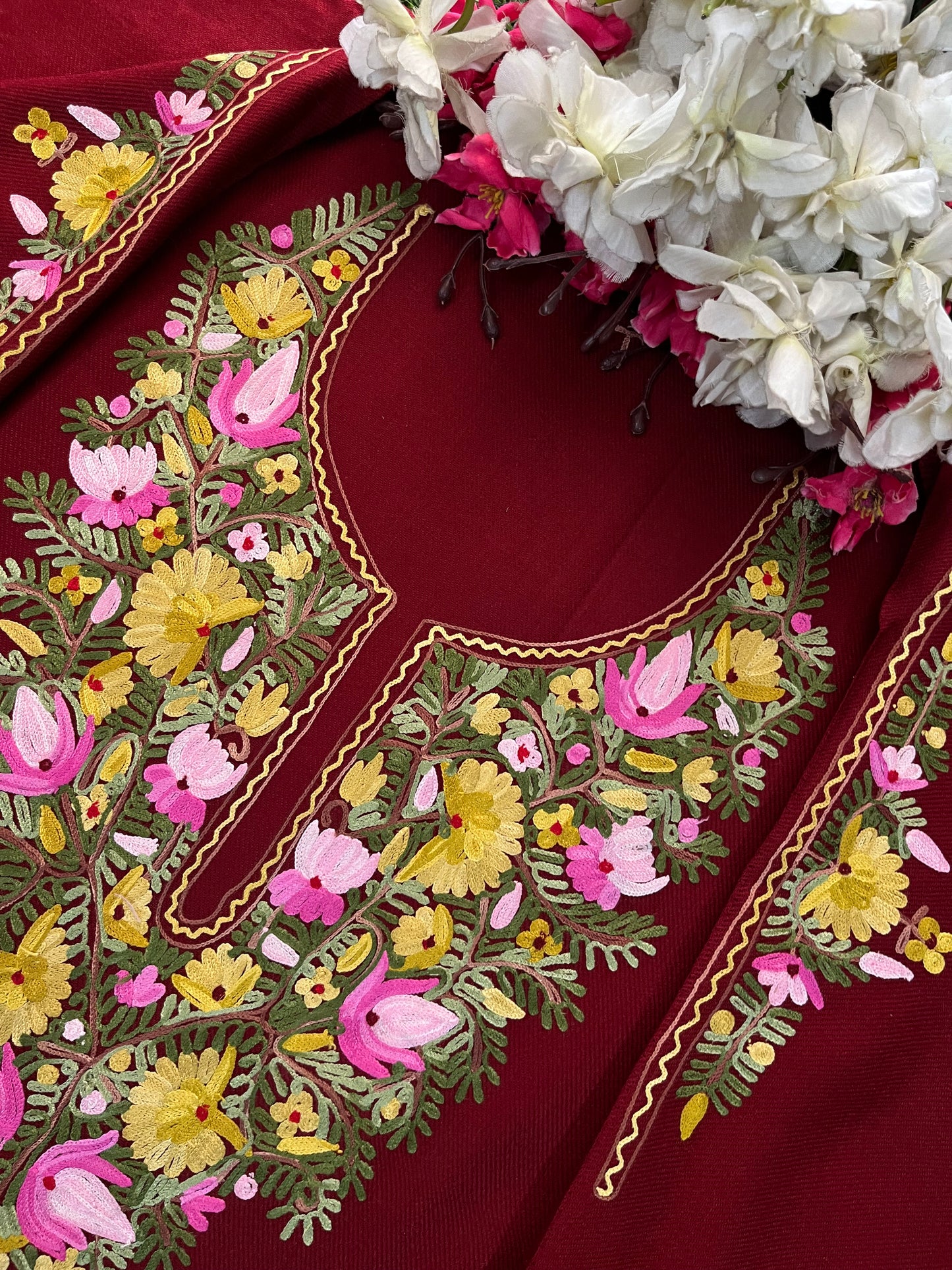 Maroon Woollen Aari Embroidered 2pc suit 5mtr