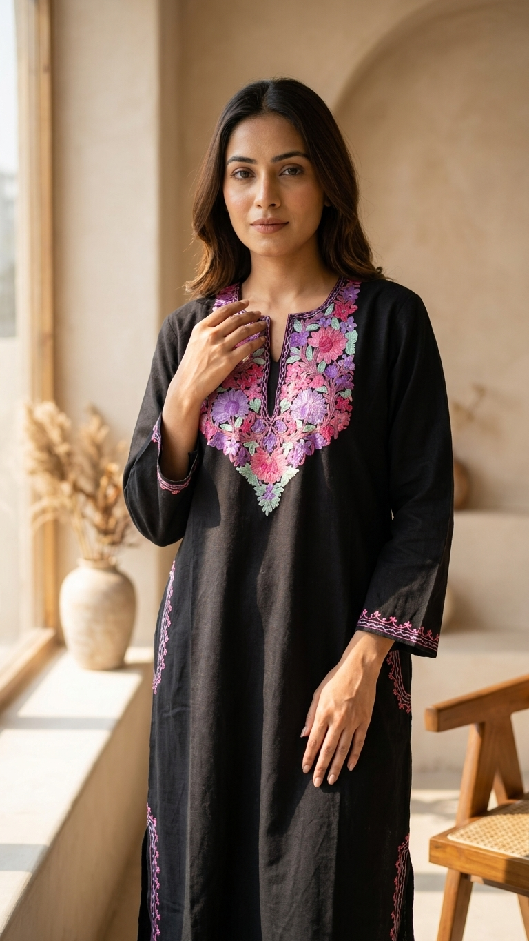 Black Aari Embroidered Wool Pheran