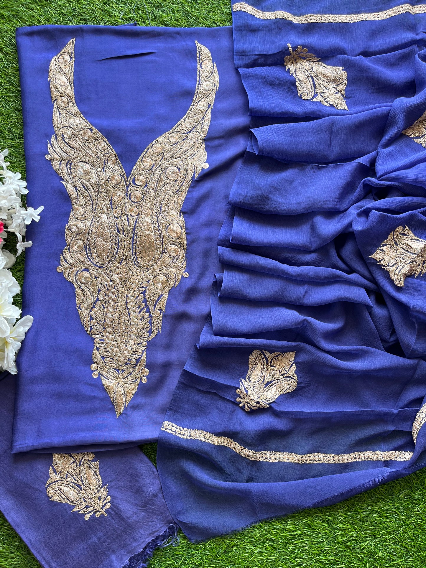 ‘Kalaa’ Blue Muslin Silk Tilla Embroidered Suit material