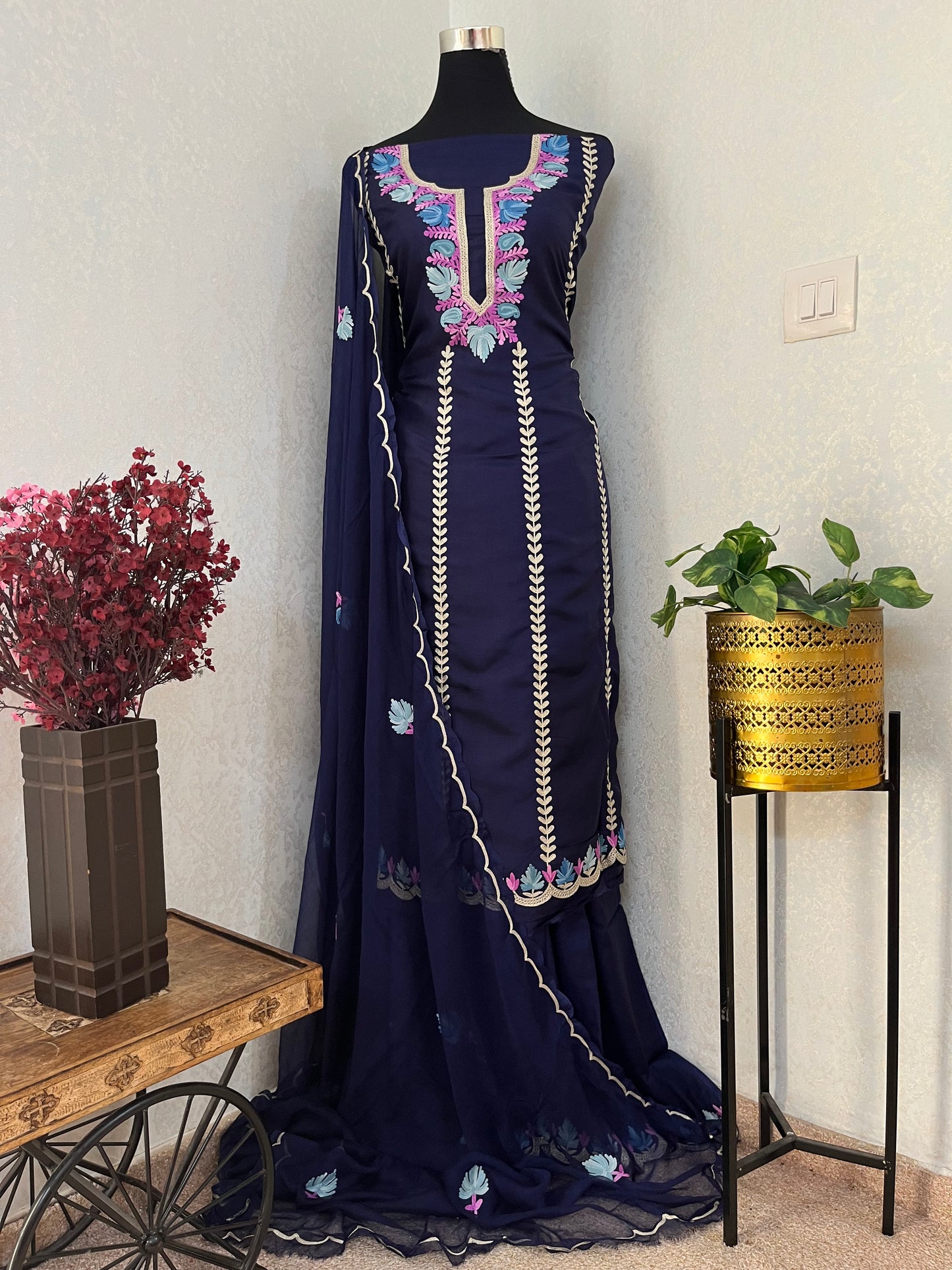 Sanam’ Navy Blue Silk Aari Embroidered Suit material