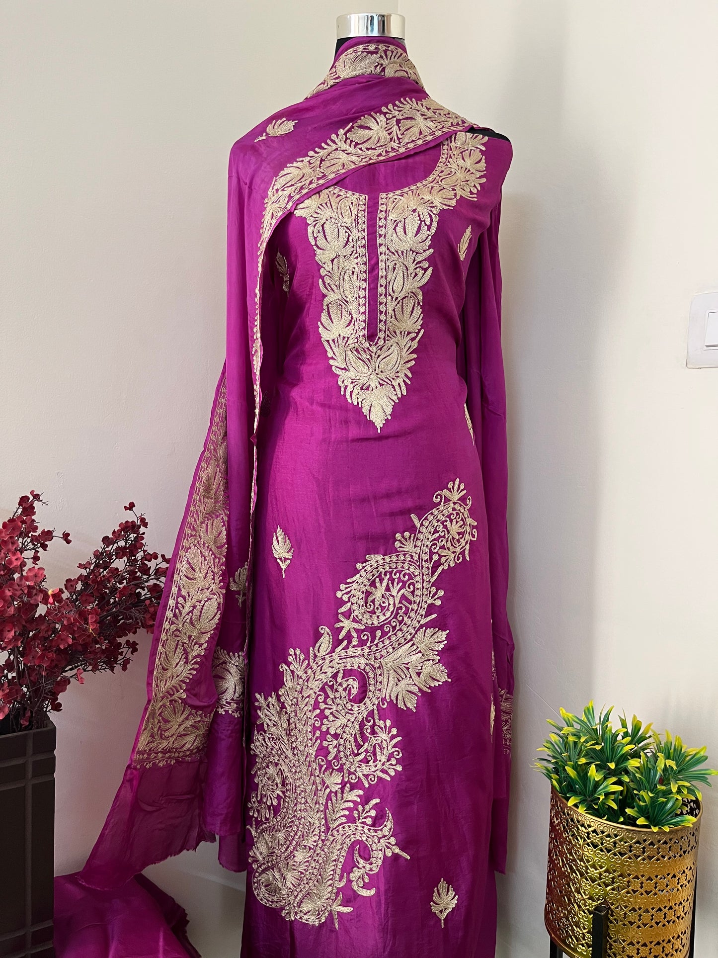 Wine Tilla Embroidered Suit material