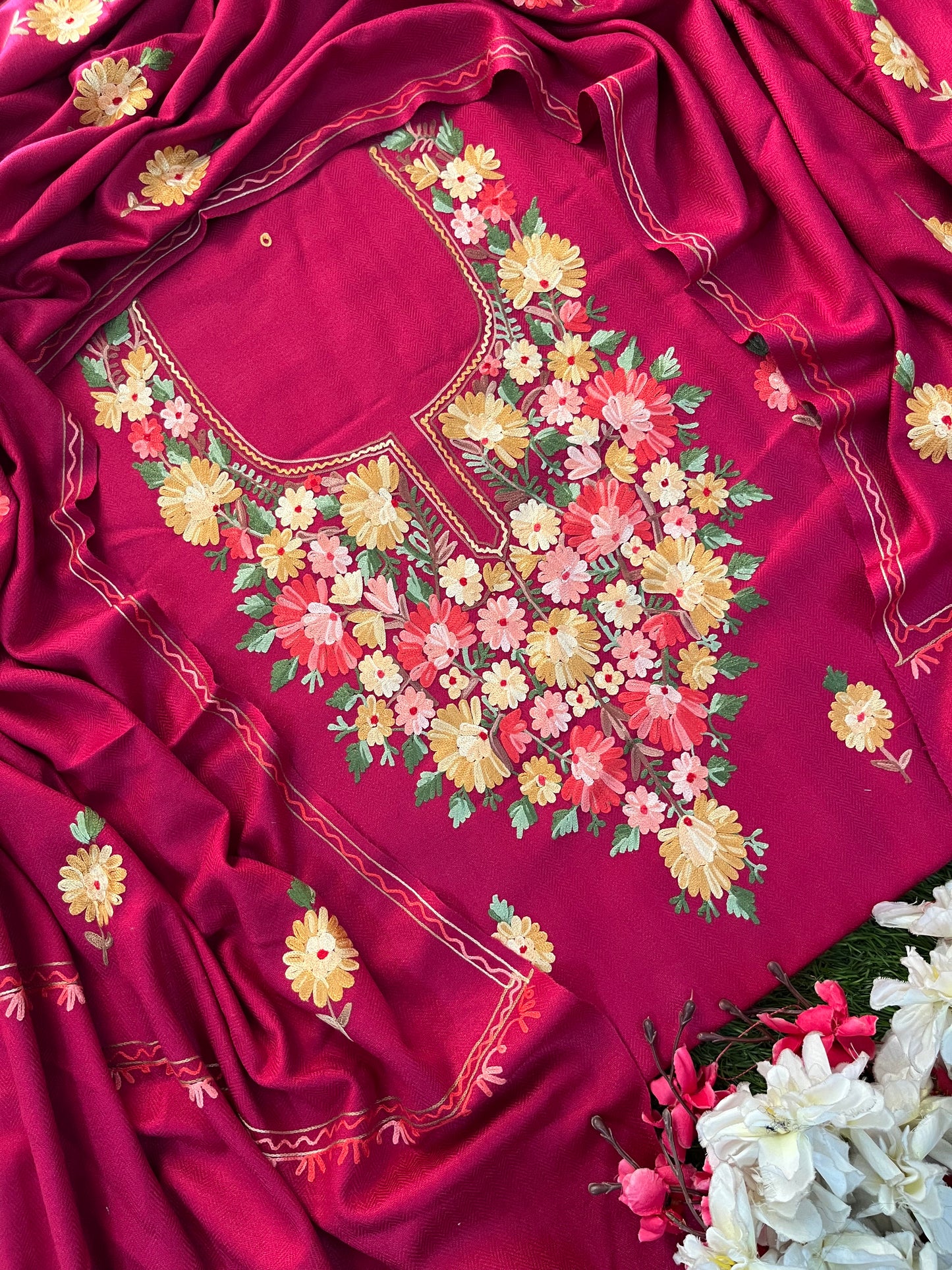 Hot pink Woollen Aari Embroidered 3pc suit